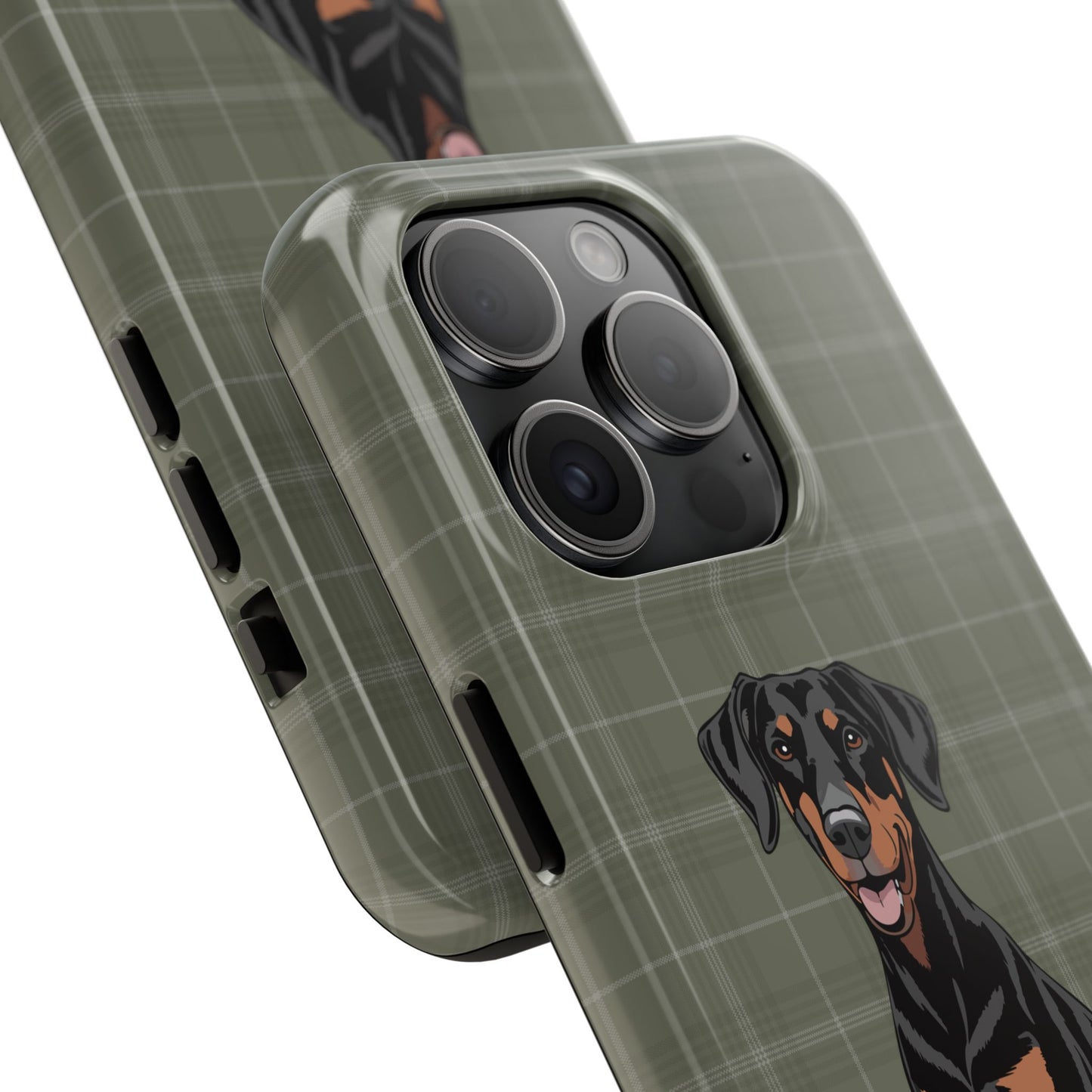 Doberman Pinscher Dog Phone Case, Tough Phone Cases Pet Dogs Green Plaid Pattern
