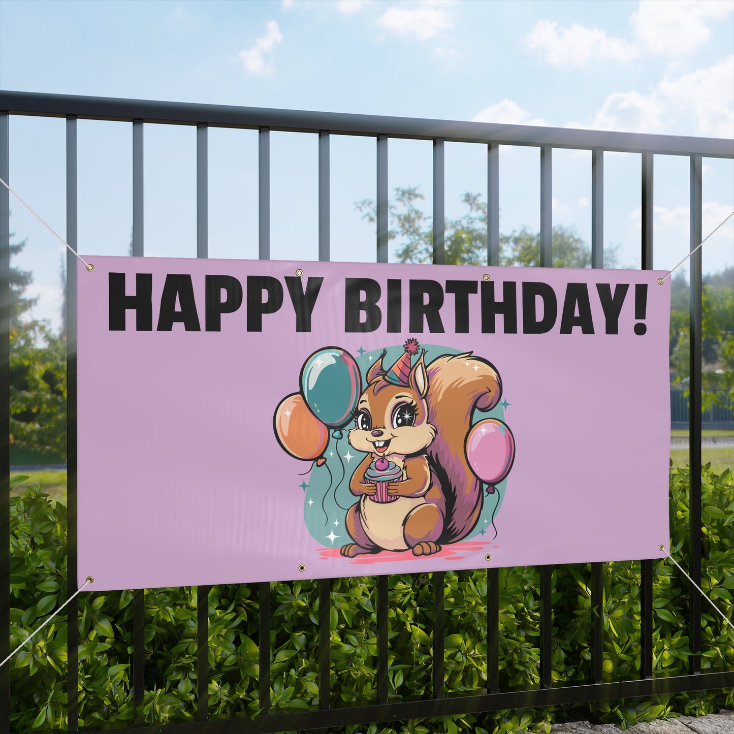 Happy Birthday Party Squirrel Banner Sign Purple Squirrels Balloons Cupcake Celebration Squirrels B-day Banners Decorations