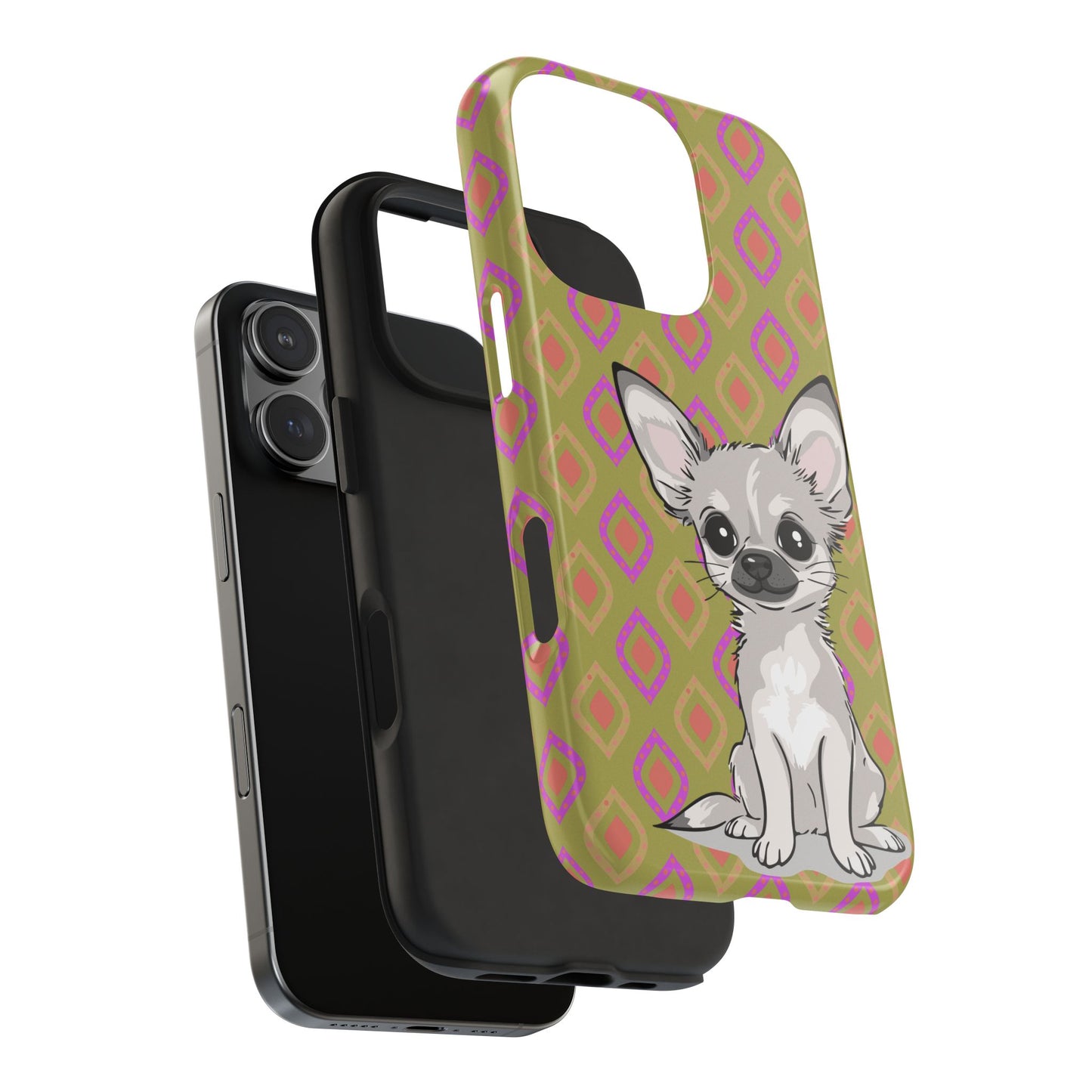White Chihuahua Puppy Dog Phone Case, Tough Phone Cases Pet Dogs Retro Green  Pattern