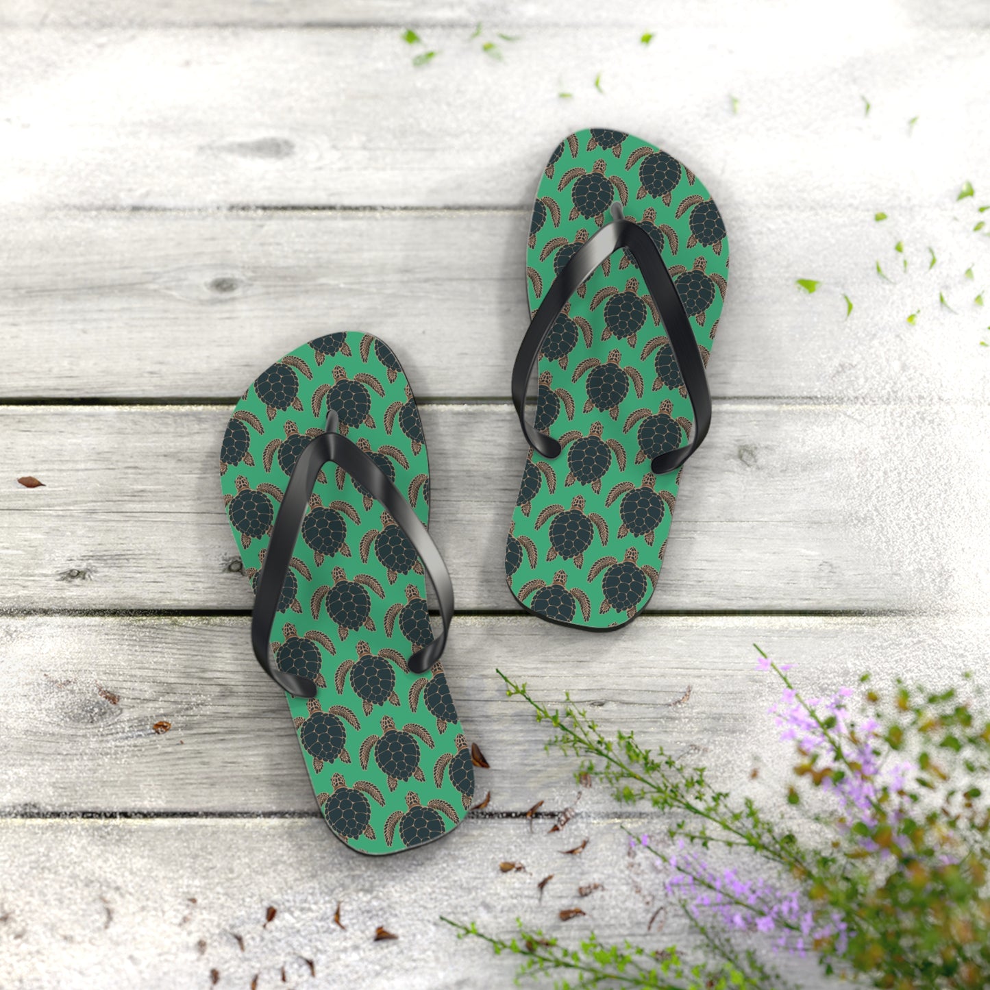 Sea Turtle Pattern Flip Flops | Tropical Green Turtles Beach Sandals, Summer Vacation Pool Attire Ocean Wildlife Nature Pattern