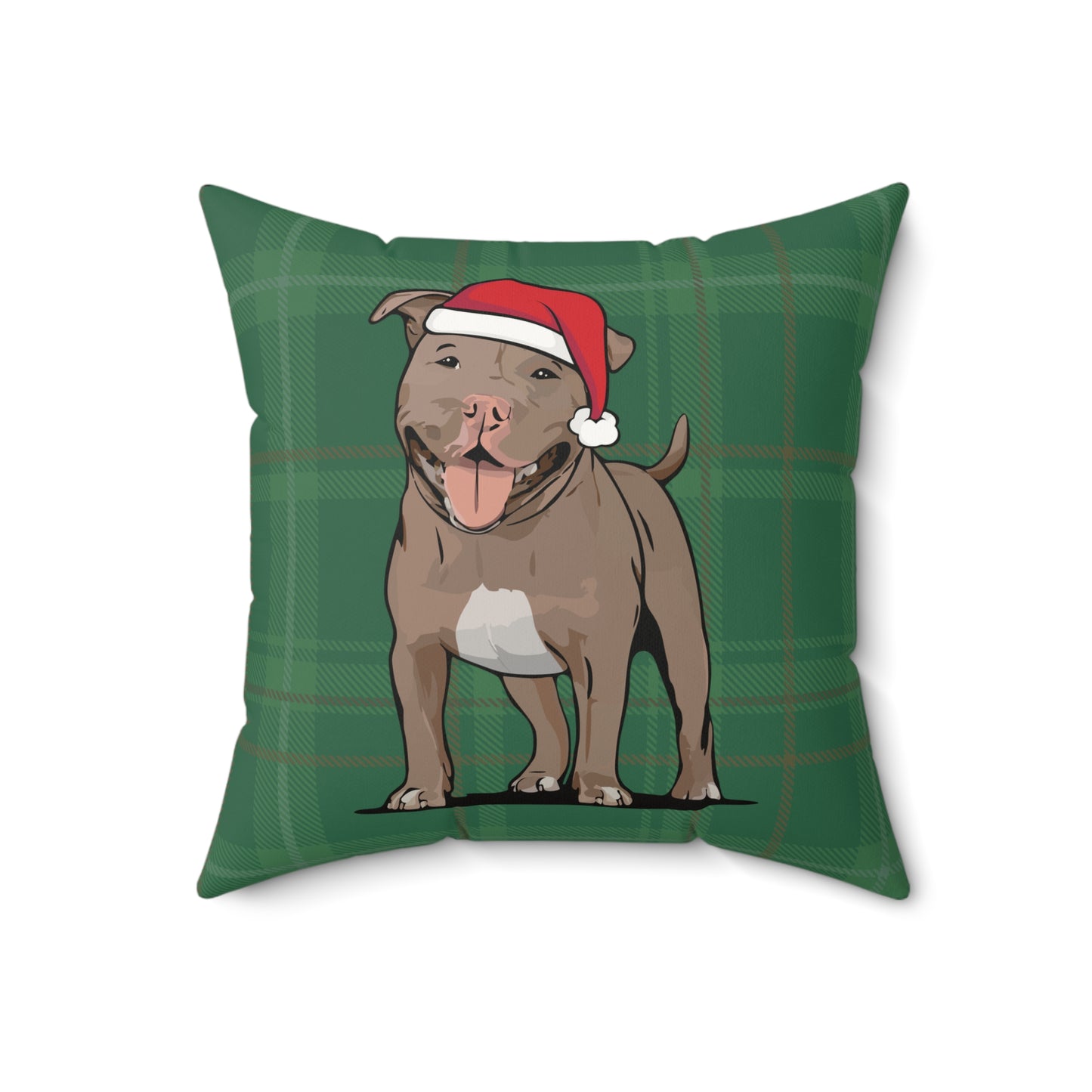 Christmas Pit Bull Dogs Throw Pillow, Brown Pitbull Terrier Dog Holiday Home Decor, Green Faux Suede Plaid Cushion Pillows, Xmas Decorations
