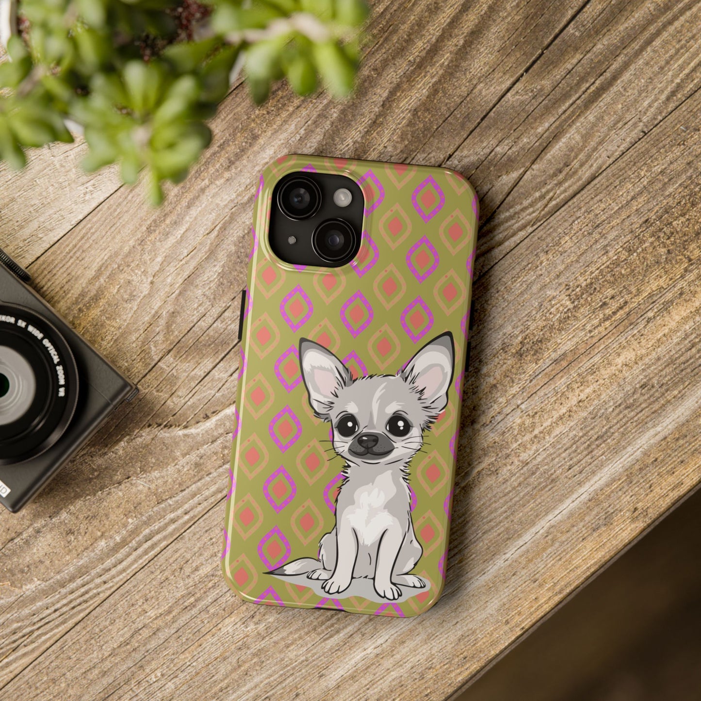White Chihuahua Puppy Dog Phone Case, Tough Phone Cases Pet Dogs Retro Green  Pattern