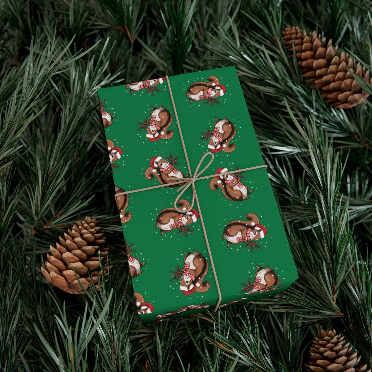 Squirrel Christmas Wrapping Paper, Festive Squirrels Print, Cheery Green Holiday Gift Wrap With Snowy Xmas Squirrel In Santa Hat