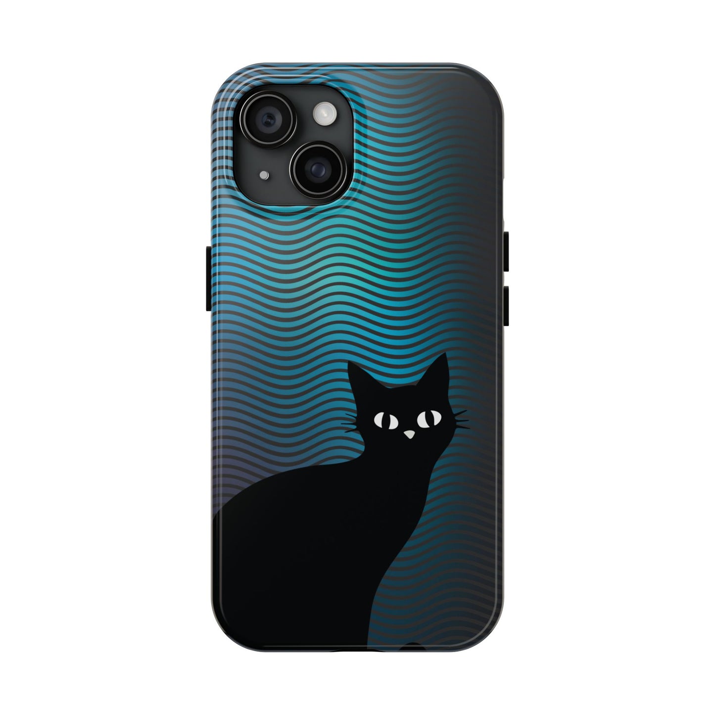 Black Cat Cell Phone Case | Peeking Kitty Graphic on Wavy Teal Background