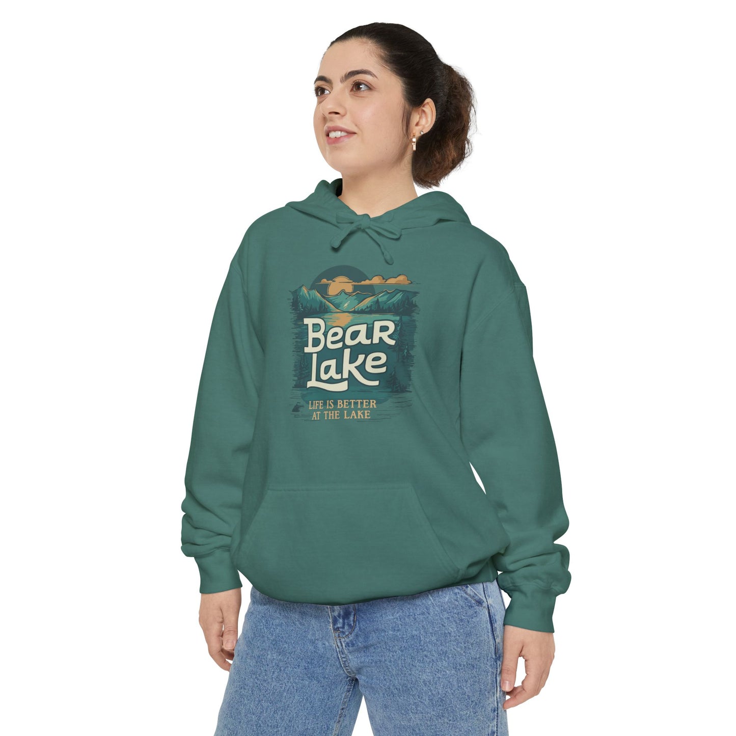 Bear Lake Scenic Mountain View Unisex Garment-Dyed Pullover Hoodie Hooded Sweatshirt with Utah Idaho Vacation Destination