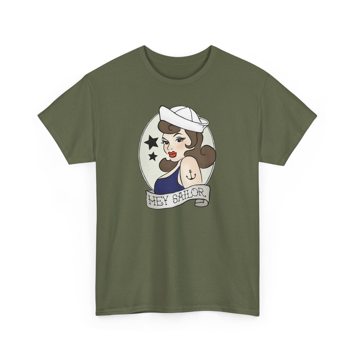 Hey Sailor Pinup Nautical Tattoo T-shirt Unisex Heavy Cotton Tee Mens Womens