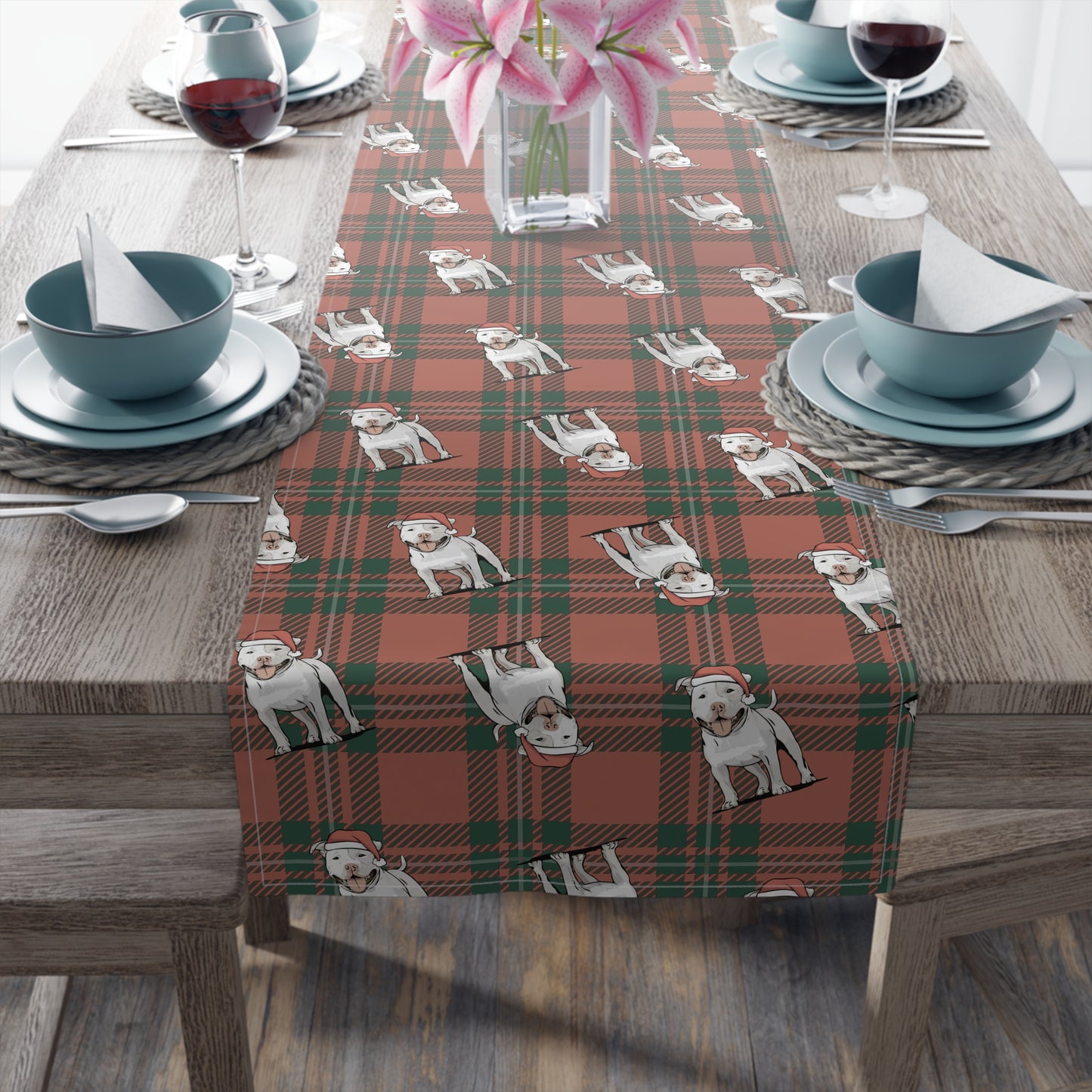 Festive American Pit Bull Terrier Dog Holiday Table Runner, Christmas Home Decor, Dining Tablecloth Linens, Plaid Table Setting Runners