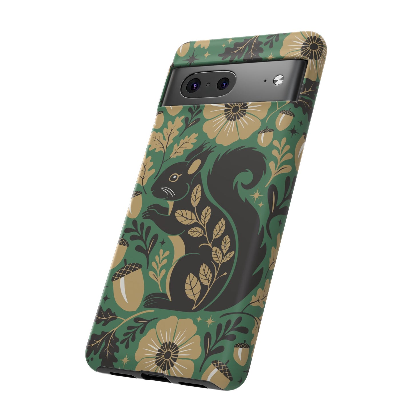 Green Squirrel Floral Pattern Cell Phone Case | Botanical Folk Art Acorn Leaves Design, Iphone Google Pixel Samsung Cases Matte Finish