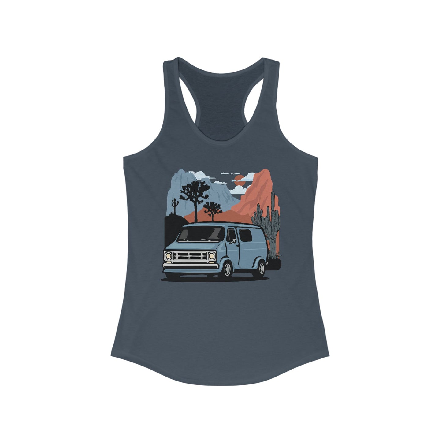 Arizona Desert Vanlife Camper Van Women's Racerback Tank Top - Ladies Sleeveless Shirt Retro Van in Joshua Tree & Cactus Landscape