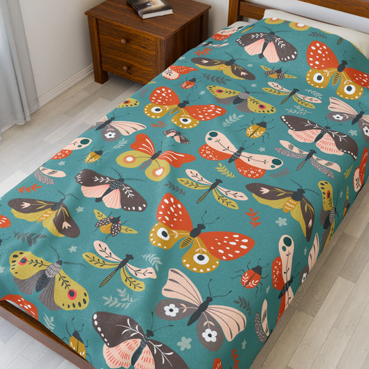 Flutter Frolic Moth, Butterfly, Dragonfly, Bugs Velveteen Plush Blanket, Thow Blankets Bedding Home Bedroom Decor
