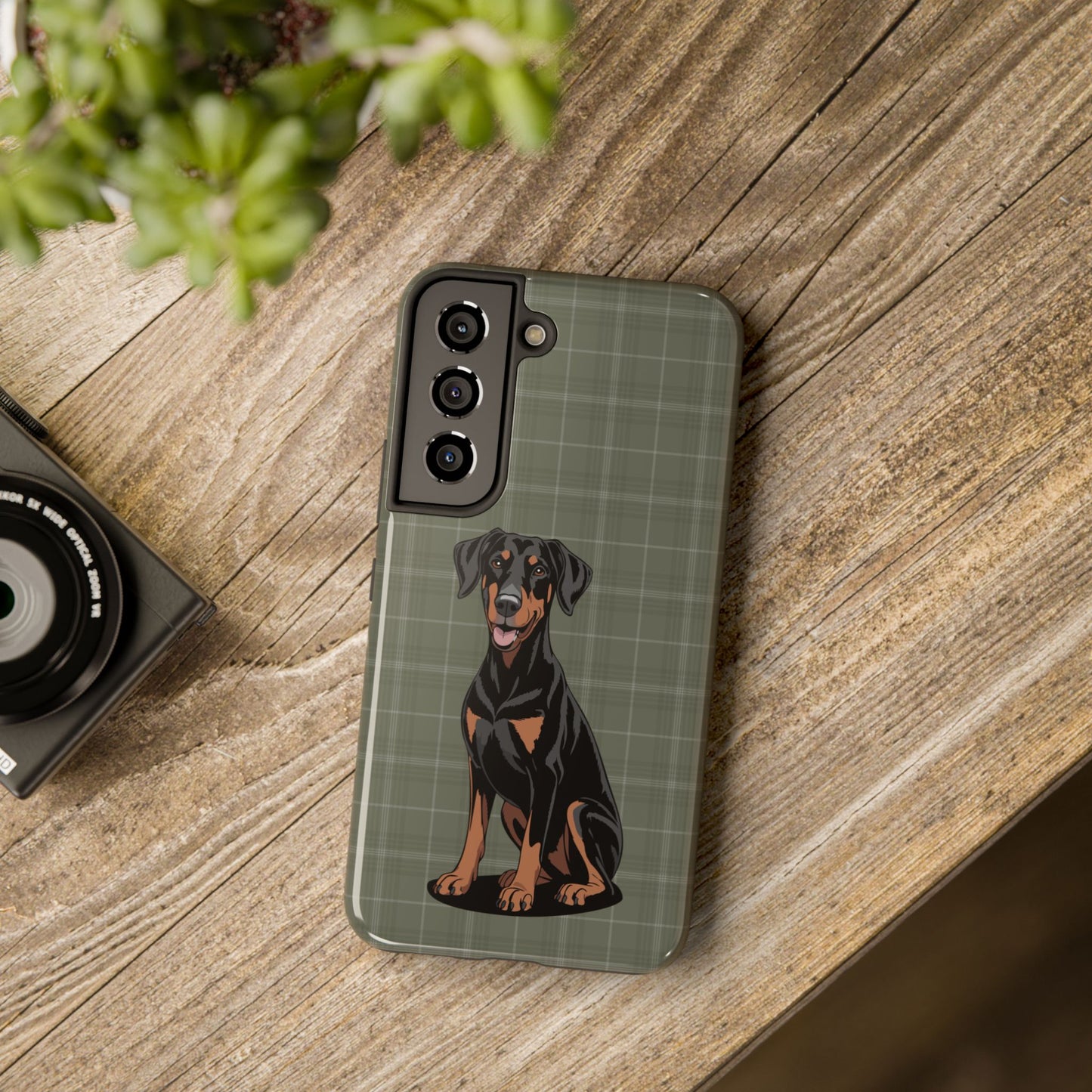 Doberman Pinscher Dog Phone Case, Tough Phone Cases Pet Dogs Green Plaid Pattern