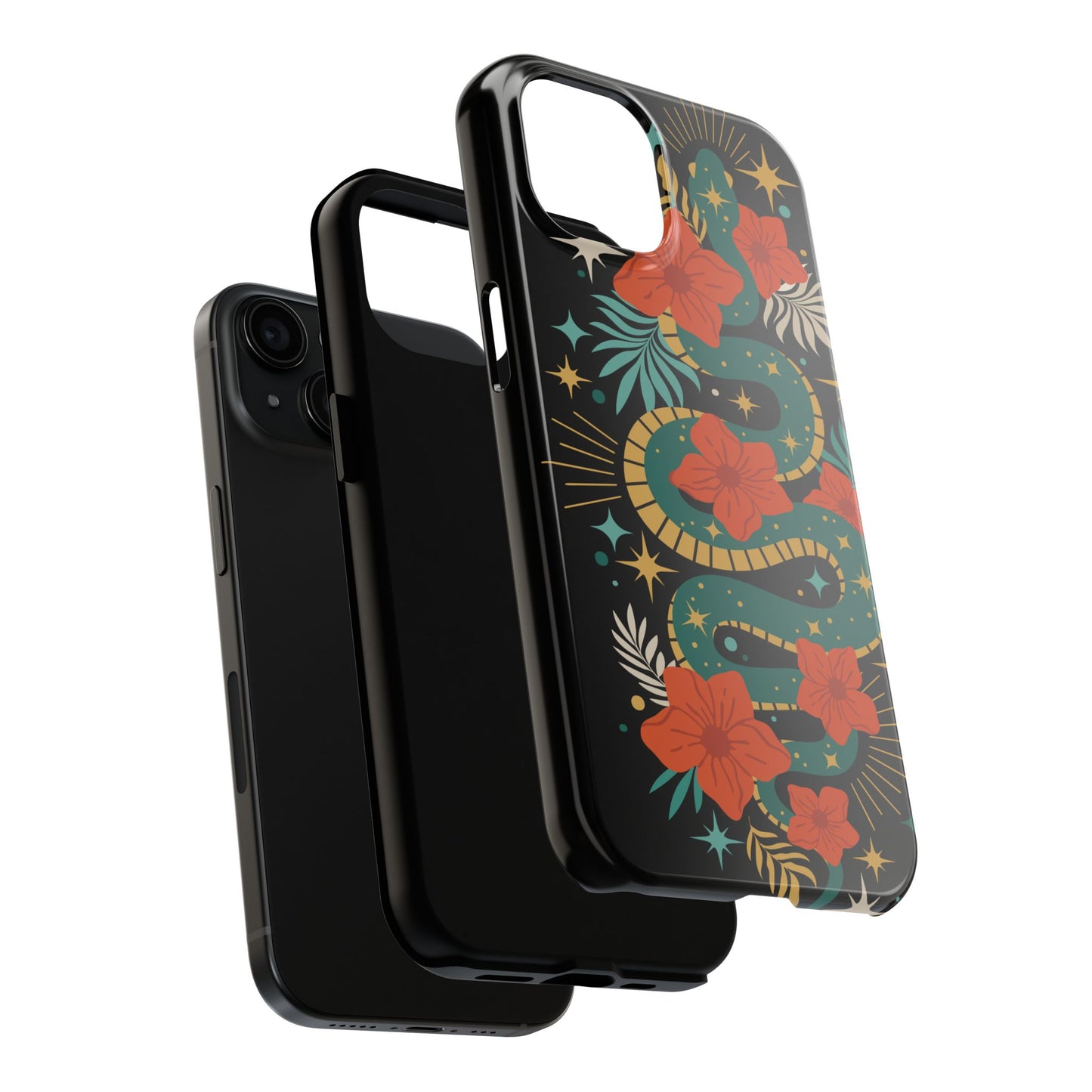 Mystic Snake Cell Phone Case, Black Tough Phone Cases Boho Serpent Snakes Floral Design
