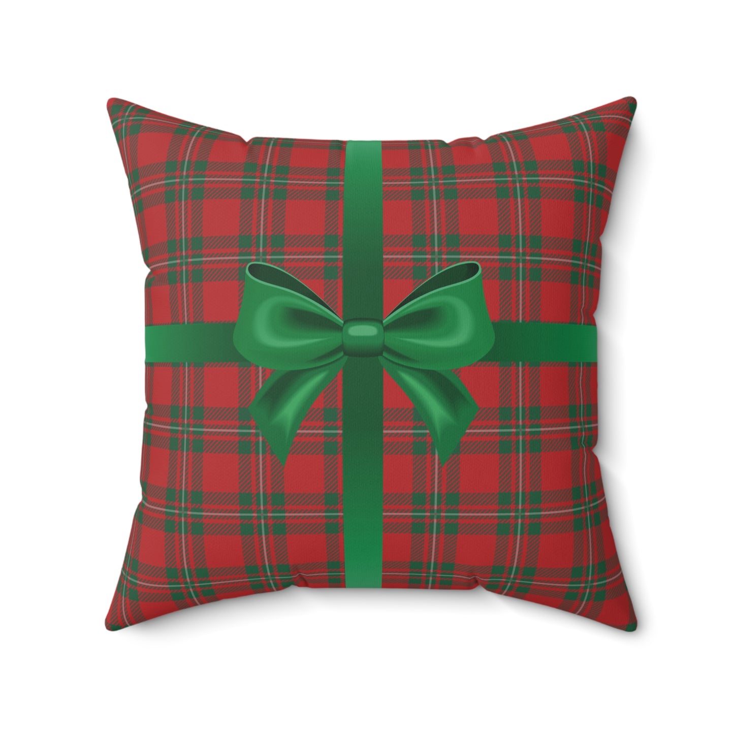 Holiday Gift Throw Pillow, Green Bow on Red Plaid Wrapped Present Pillows, Christmas Home Decor Xmas Decorations, Square Cushion and Cover