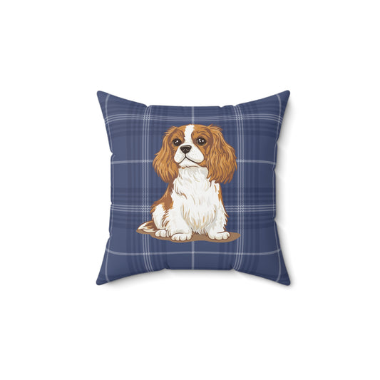 Cavalier King Charles Spaniel Dogs Square Throw Pillow, Pet Owner Home Decor, Blue Plaid Pillows, Dog Memorial Gifts