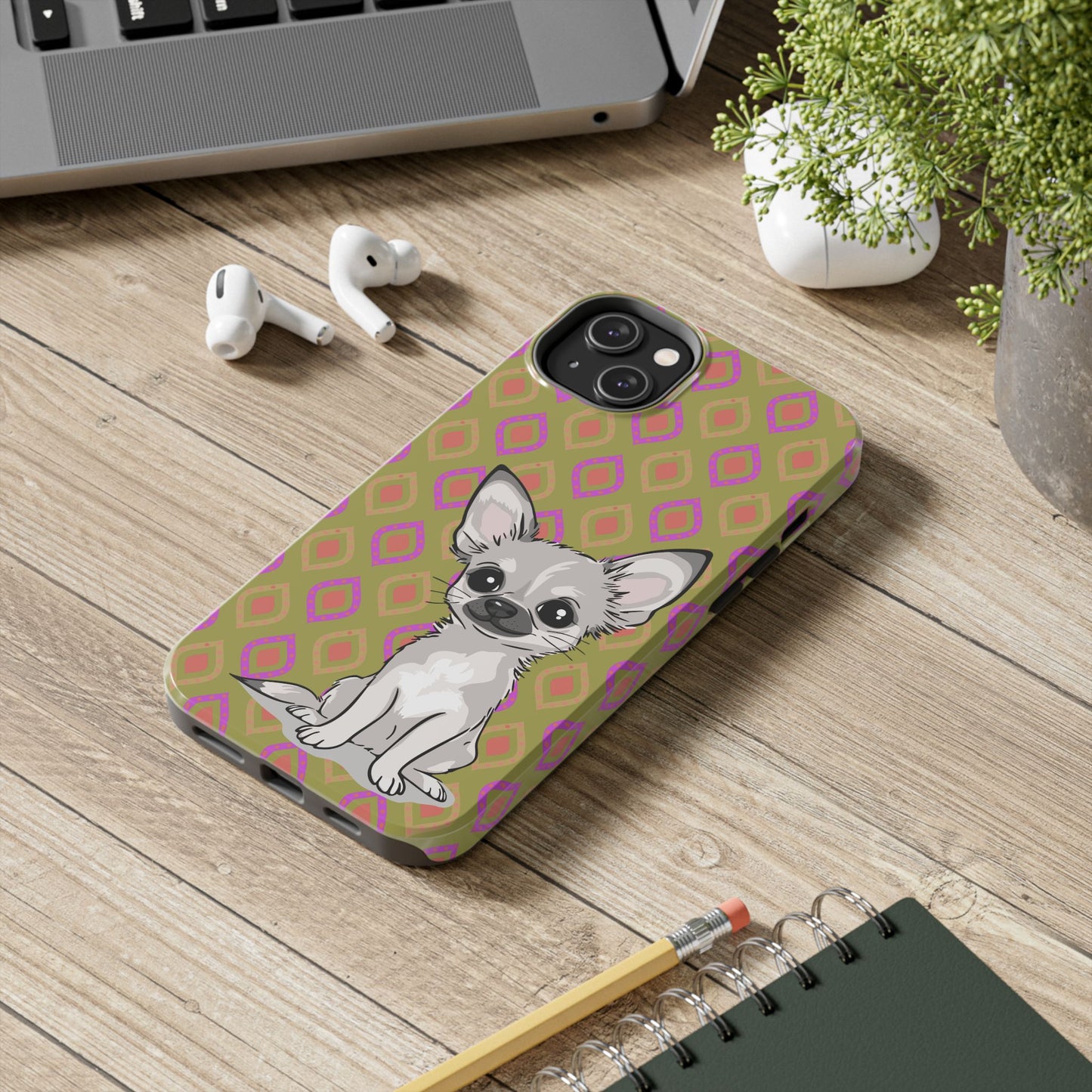 White Chihuahua Puppy Dog Phone Case, Tough Phone Cases Pet Dogs Retro Green  Pattern