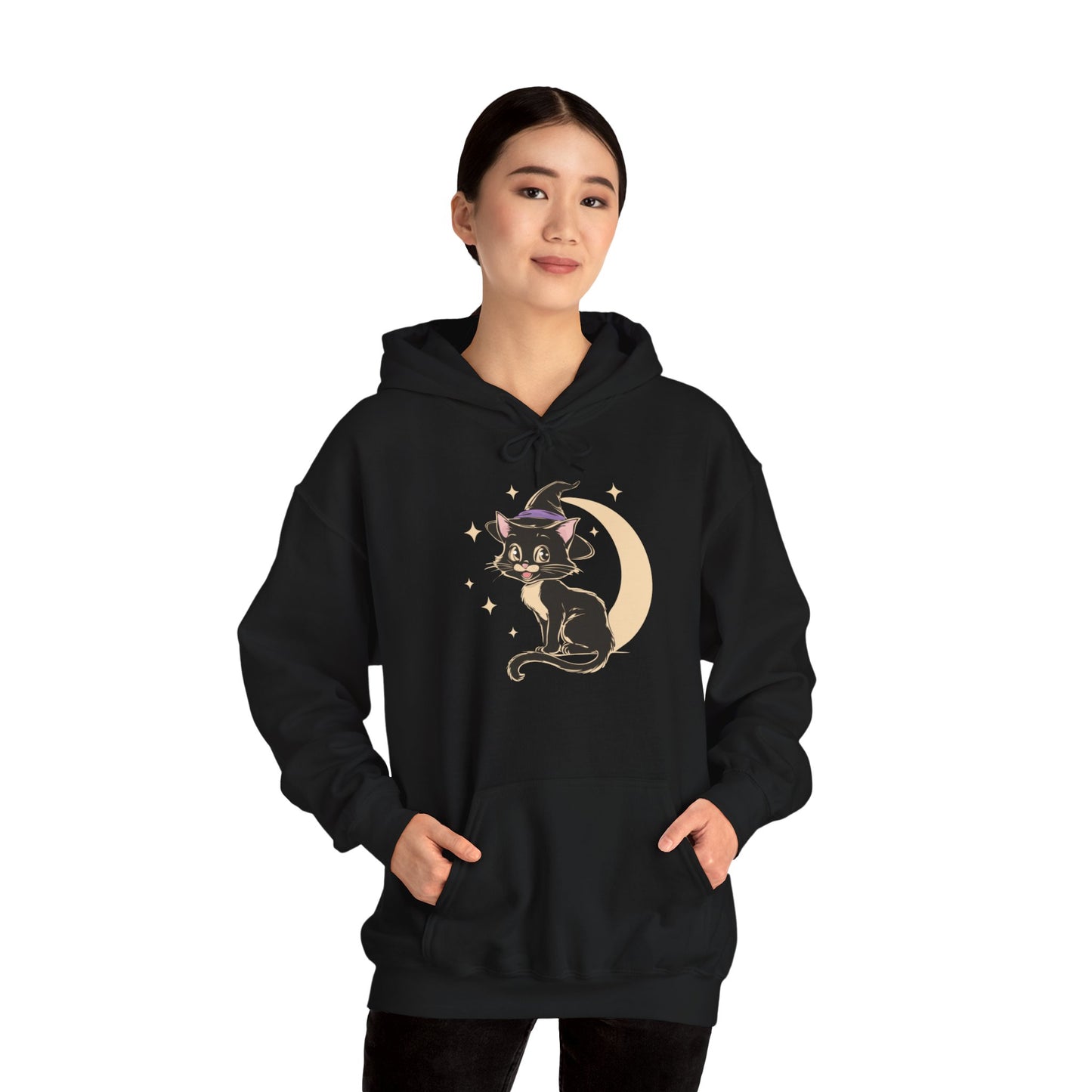 Witchy Kitty Pullover Hoodie Halloween Hooded Sweatshirt with Black Cat with Witch Hat & Crescent Moon Print