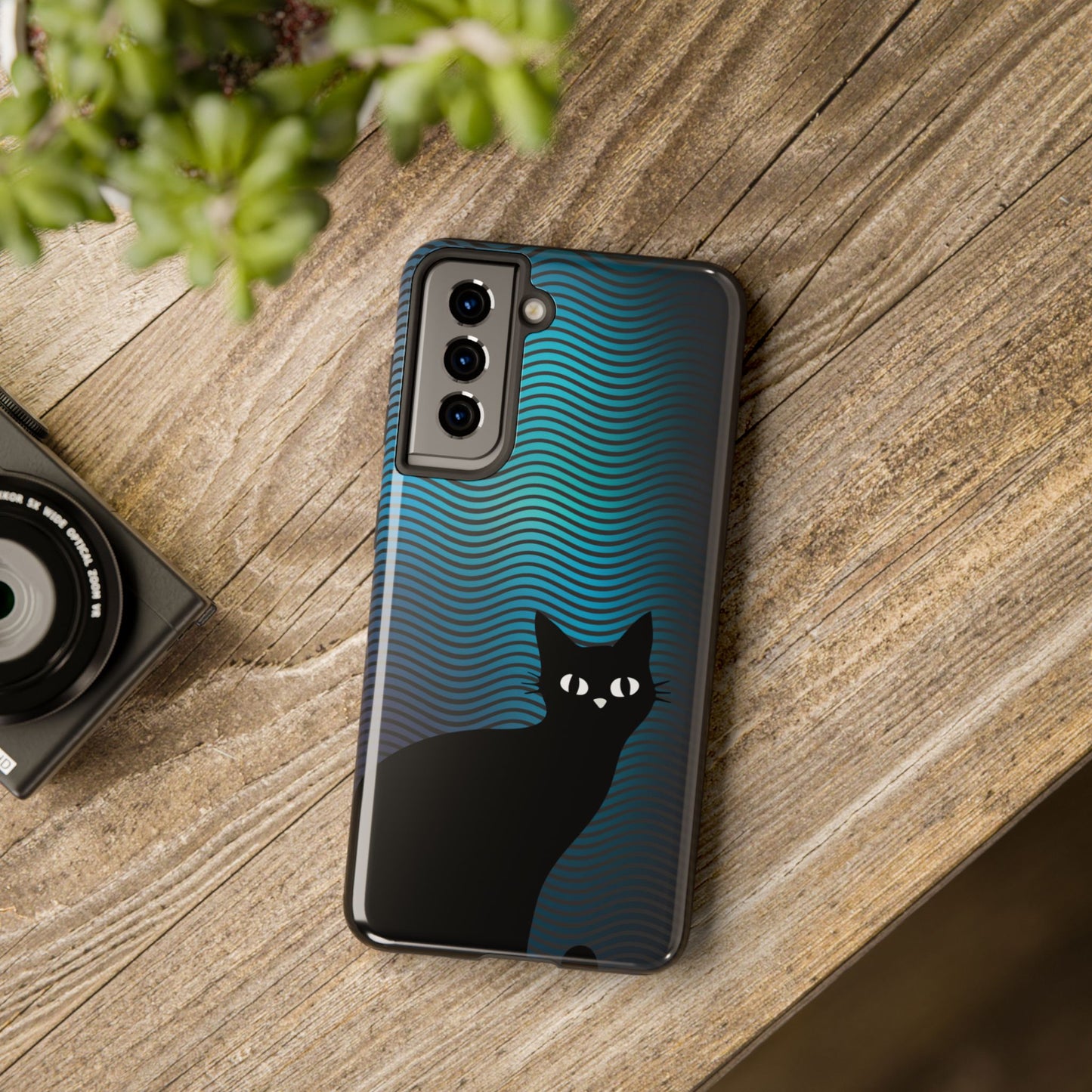 Black Cat Cell Phone Case | Peeking Kitty Graphic on Wavy Teal Background