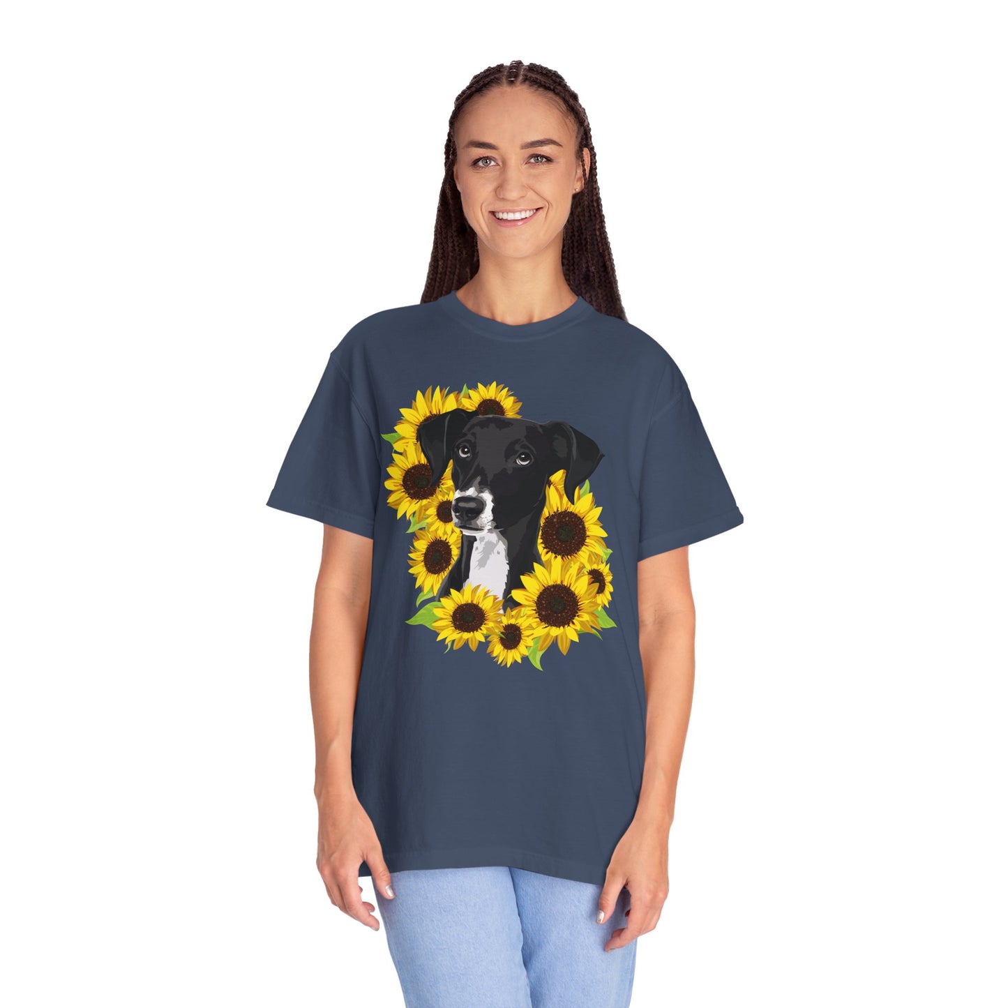 Marley Dog in Sunflowers Garment-Dyed T-shirt with Black Lab and Sunflower Art Print