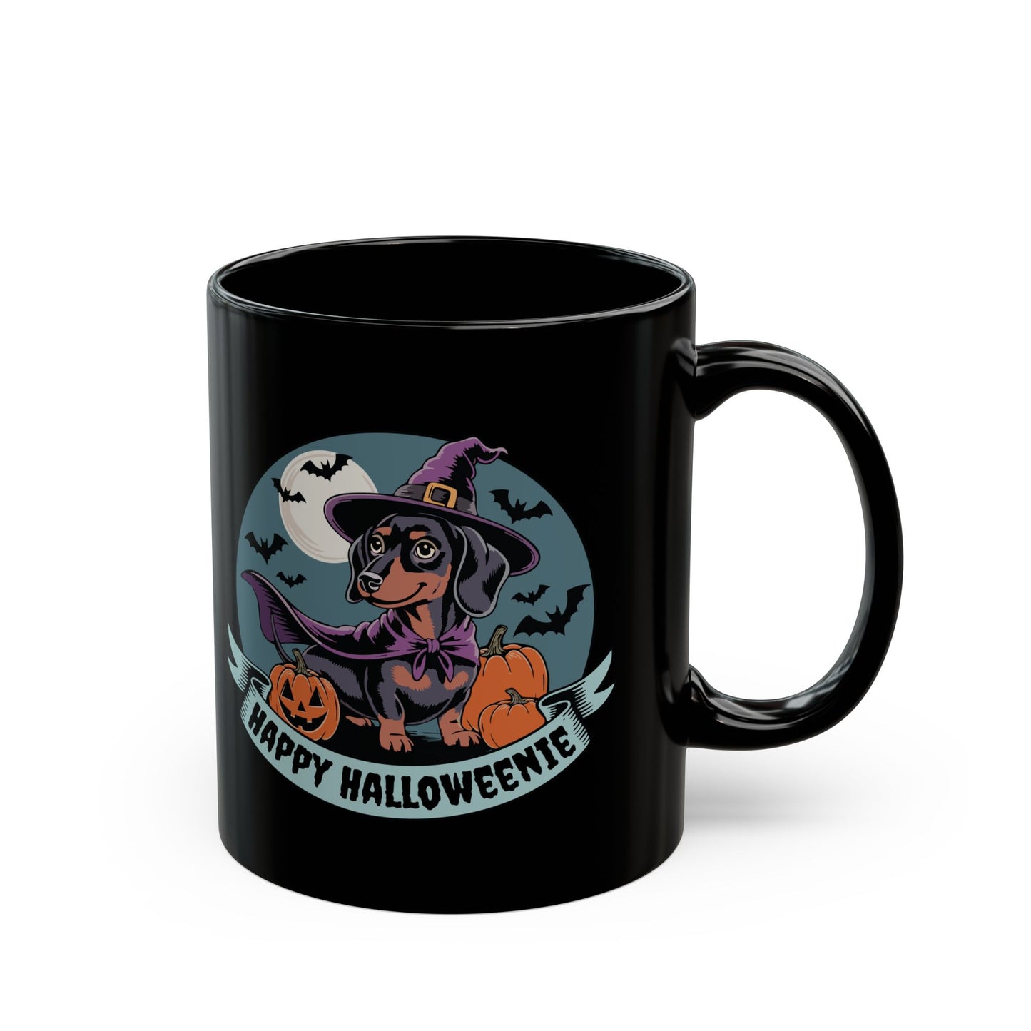 Halloween Coffee Mug, Funny Halloweenie Dachshund Witch Design, Spooky Black Coffee Cup, Fall Dog Owner Gift, Weiner Dogs Mugs, 11oz