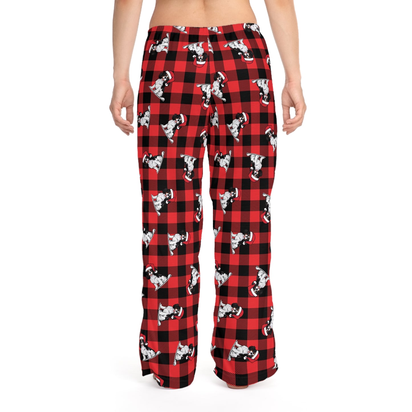 Cavalier King Charles Spaniel Dog Womens Christmas Pajama Pants, Santa Dogs Red PJ Bottoms, Loungewear