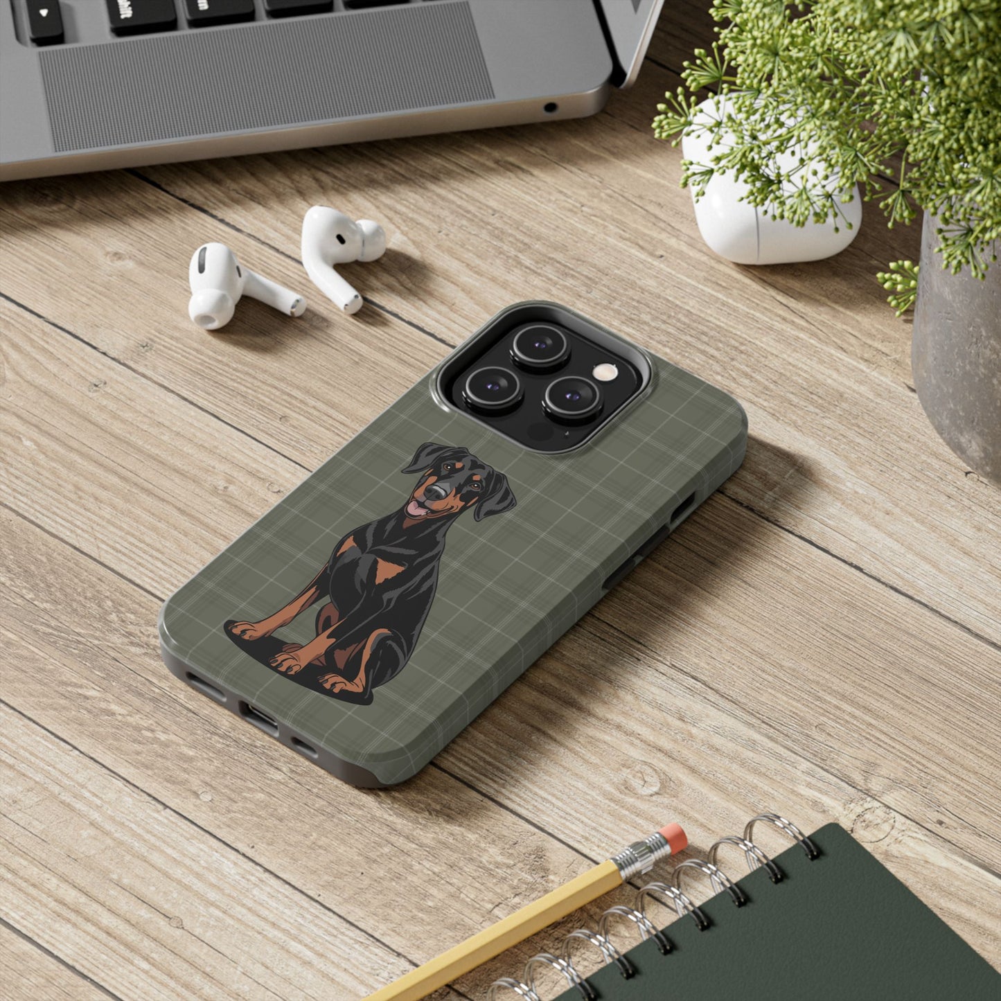 Doberman Pinscher Dog Phone Case, Tough Phone Cases Pet Dogs Green Plaid Pattern