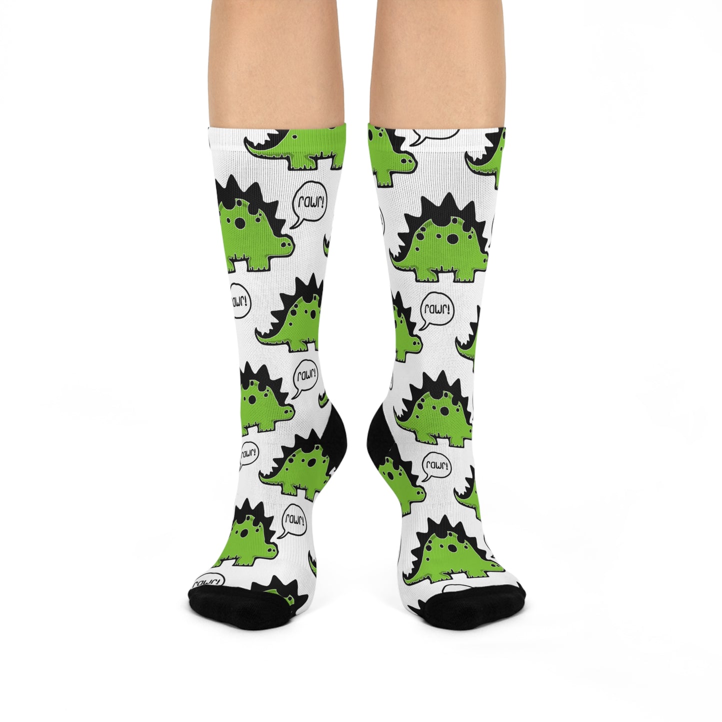 Rawr! Dino Dinosaur Pattern Cushioned Crew Socks One Size Unisex Mens Womens Funny Dinosuar White & Green Socks