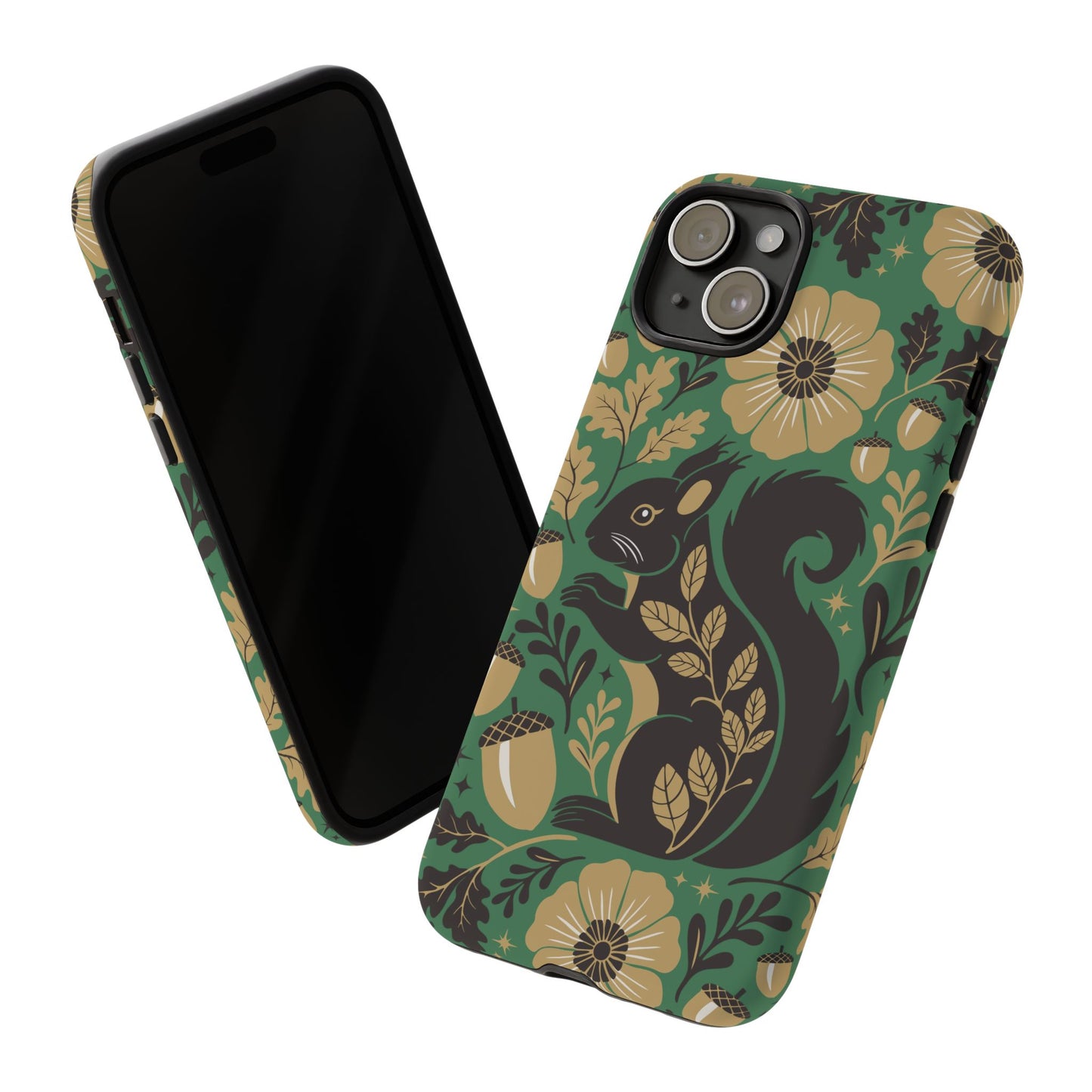 Green Squirrel Floral Pattern Cell Phone Case | Botanical Folk Art Acorn Leaves Design, Iphone Google Pixel Samsung Cases Matte Finish