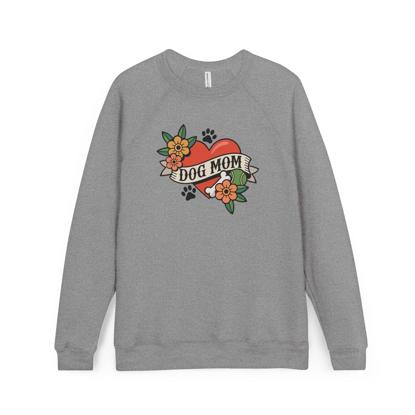 Dog Mom Heart Tattoo Style Raglan Sweatshirt | Pet Owner Childles Dog Lady Tattoos Floral Paw Print Design