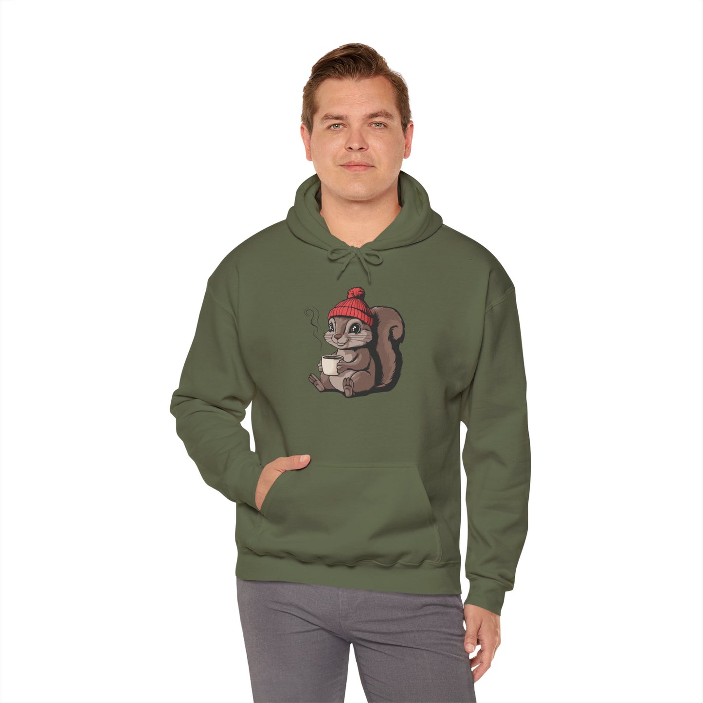 Cozy Squirrel  Pullover Hoodie Unisex Heavy Blend Hooded Sweatshirt with Squirrel in Beanie with Cup Of Coffee Graphic Print