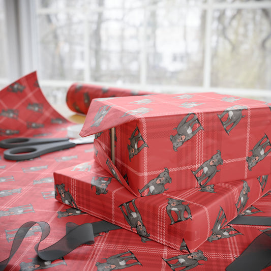 Pit Bull Terrier Dog Wrapping Paper, Red Plaid Dogs Print Gift Wrap Roll, Pitbulls Christmas Holiday Birthday Matte Wrapping Papers