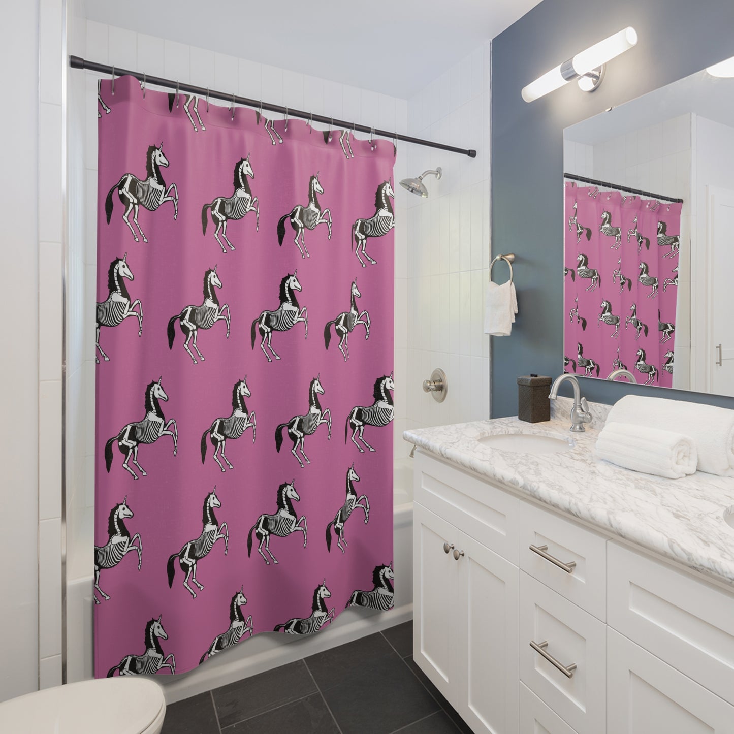 Unicorn Skeleton Shower Curtain - Spooky Cute Pink Unicorn Skeleton Print Shower Curtains