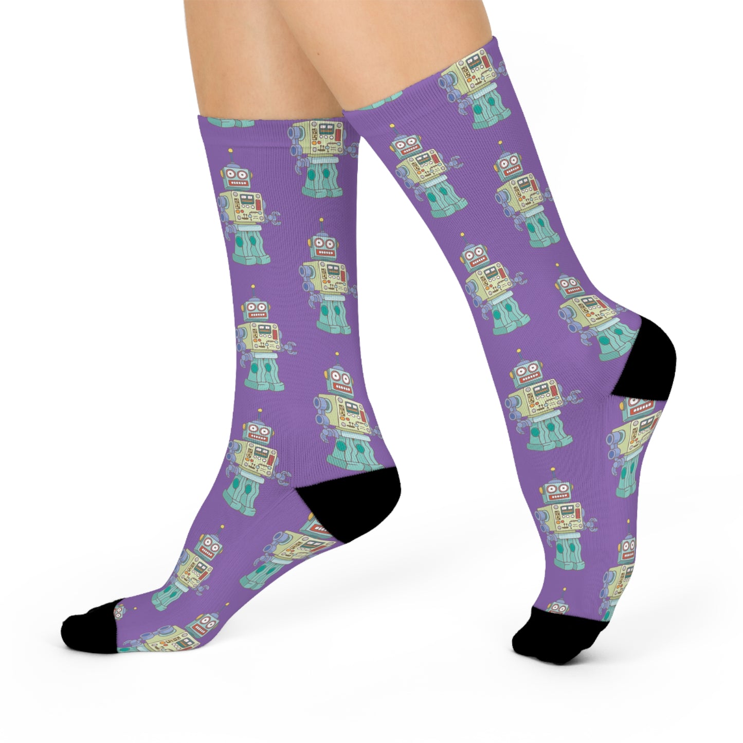 Robot Purple Cushioned Crew Socks with Robot Design Mens Womens Socks, Fun Novelty Footwear