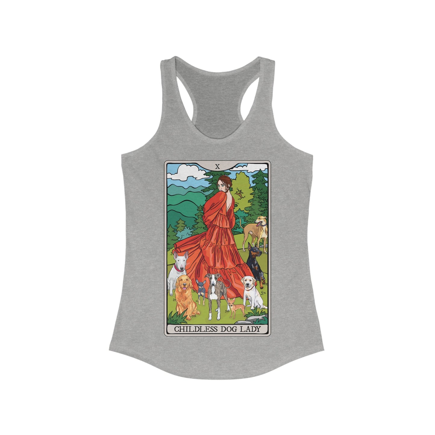 Childless Dog Lady Tarot Card Women's Racerback Tank Top Child-Free Dog Mom Shirt with Woman and Dogs Design