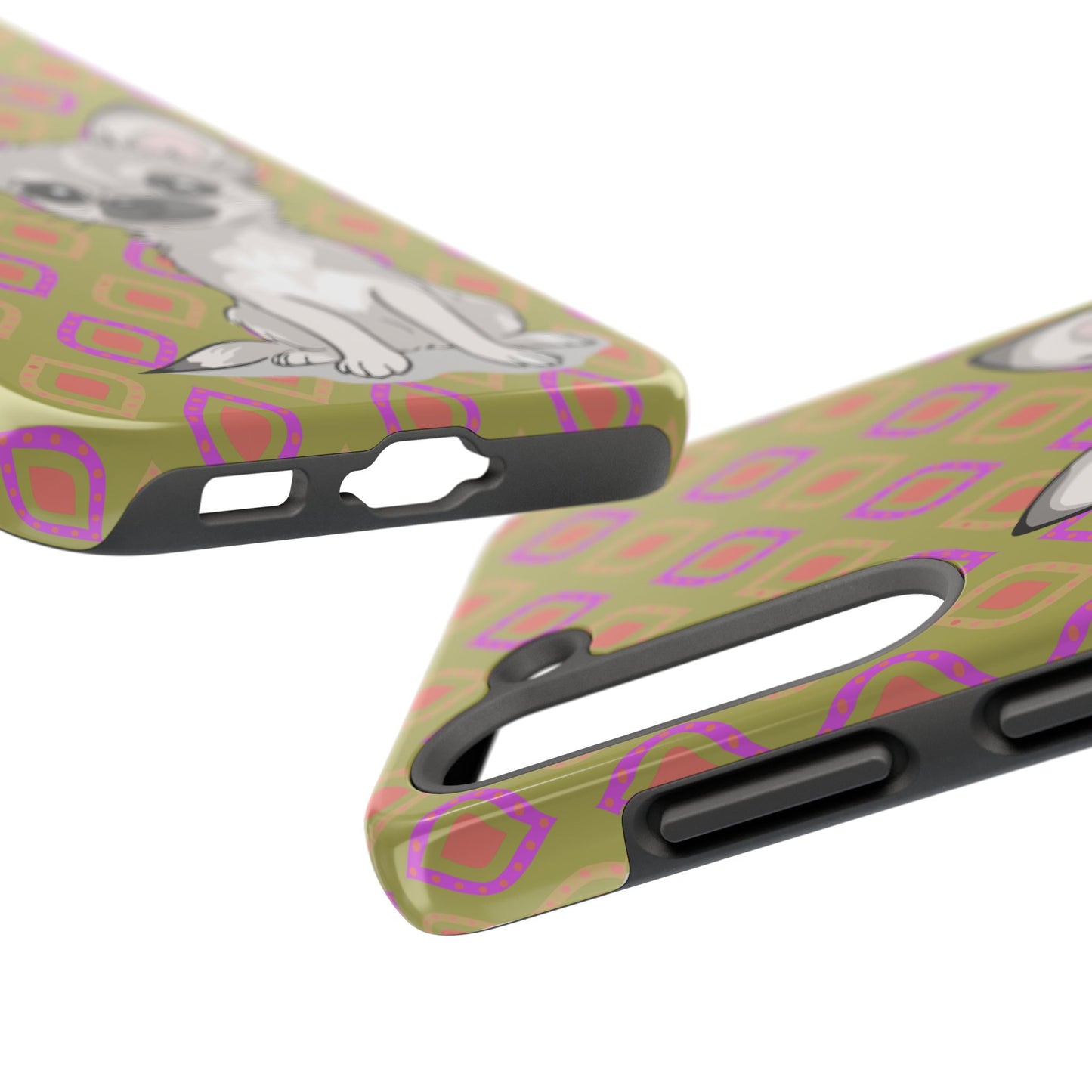 White Chihuahua Puppy Dog Phone Case, Tough Phone Cases Pet Dogs Retro Green  Pattern