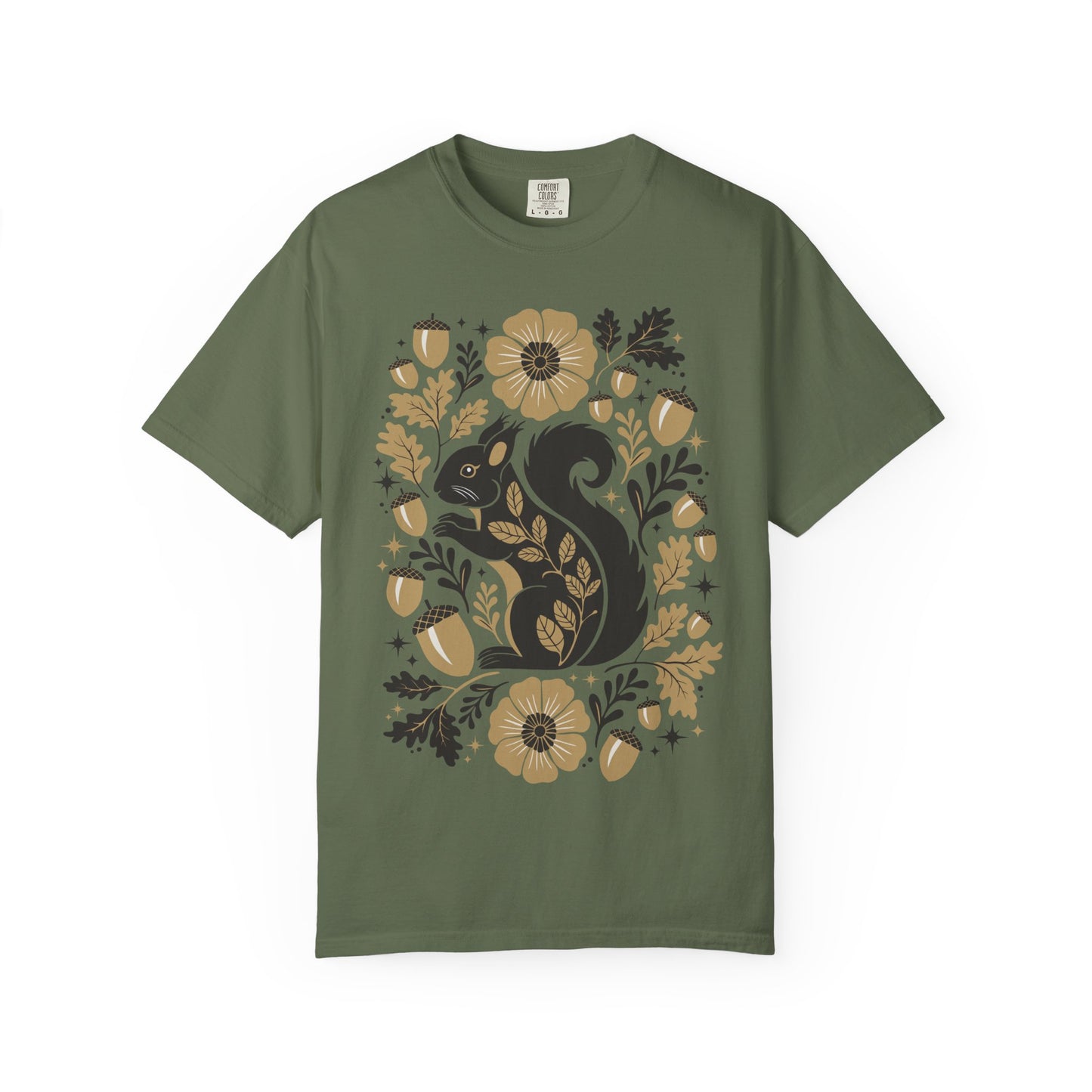 Woodland Squirrel Illustration T-shirt | Floral Acorn Nature Design Squirrels Tee, 100% Cotton Short Sleeve Shirts