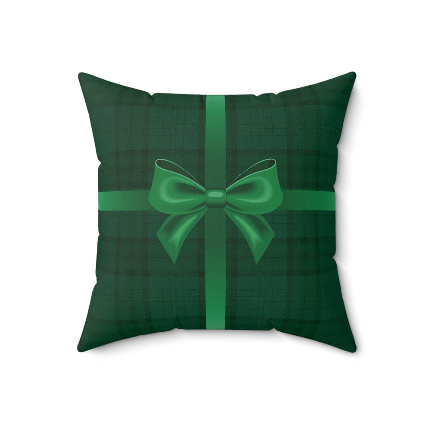 Holiday Gift Throw Pillow, Green Bow on Green Plaid Wrapped Present Pillows, Christmas Home Decor Xmas Decorations, Square Cushion and Cover