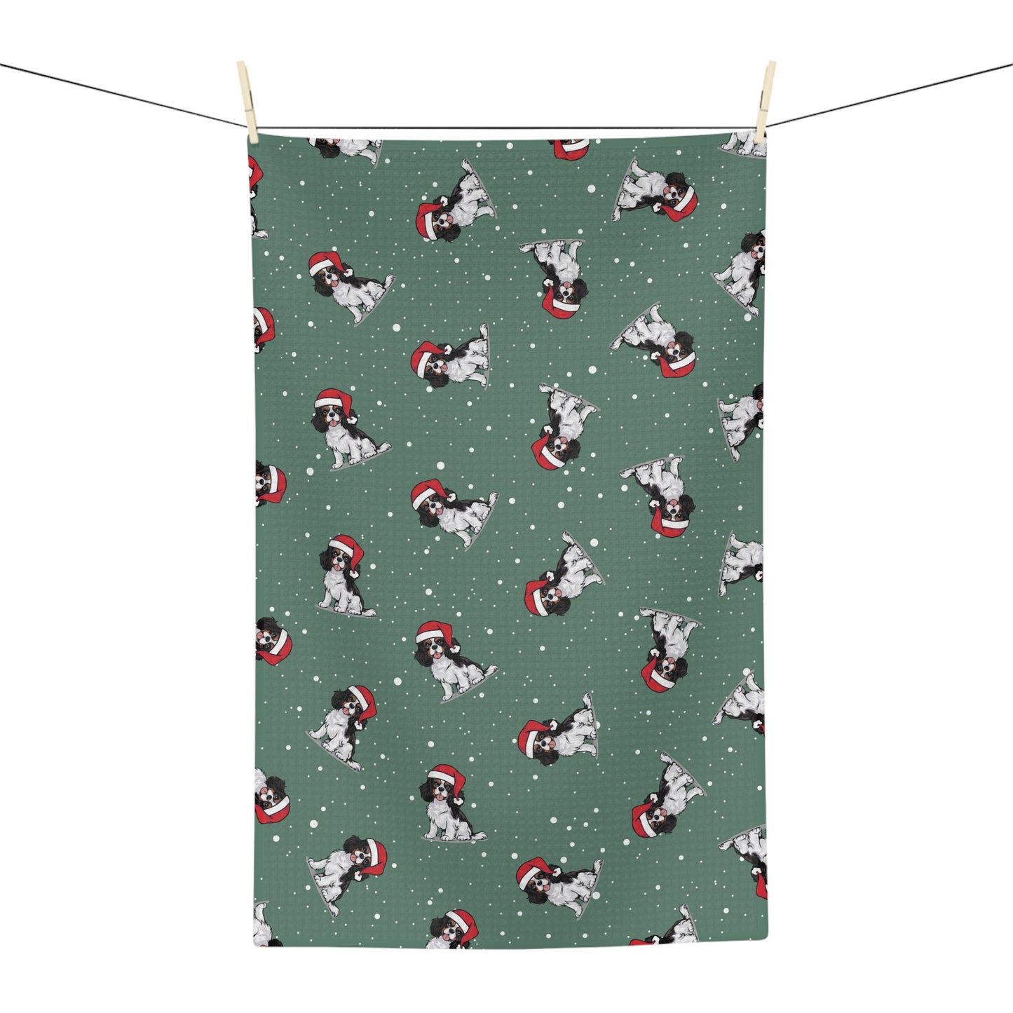 Cavalier King Charles Spaniel Dog Christmas Kitchen Hand Towel Microfiber Green Holiday Tea Towel with Dogs in Santa Hat Pattern