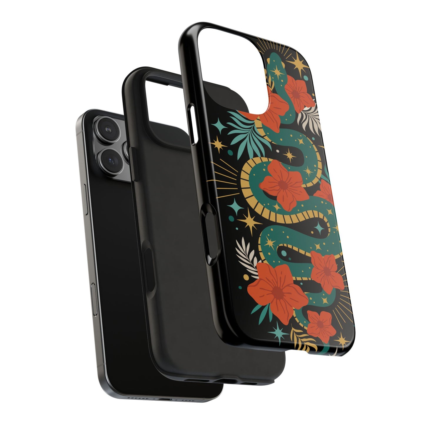 Mystic Snake Cell Phone Case, Black Tough Phone Cases Boho Serpent Snakes Floral Design