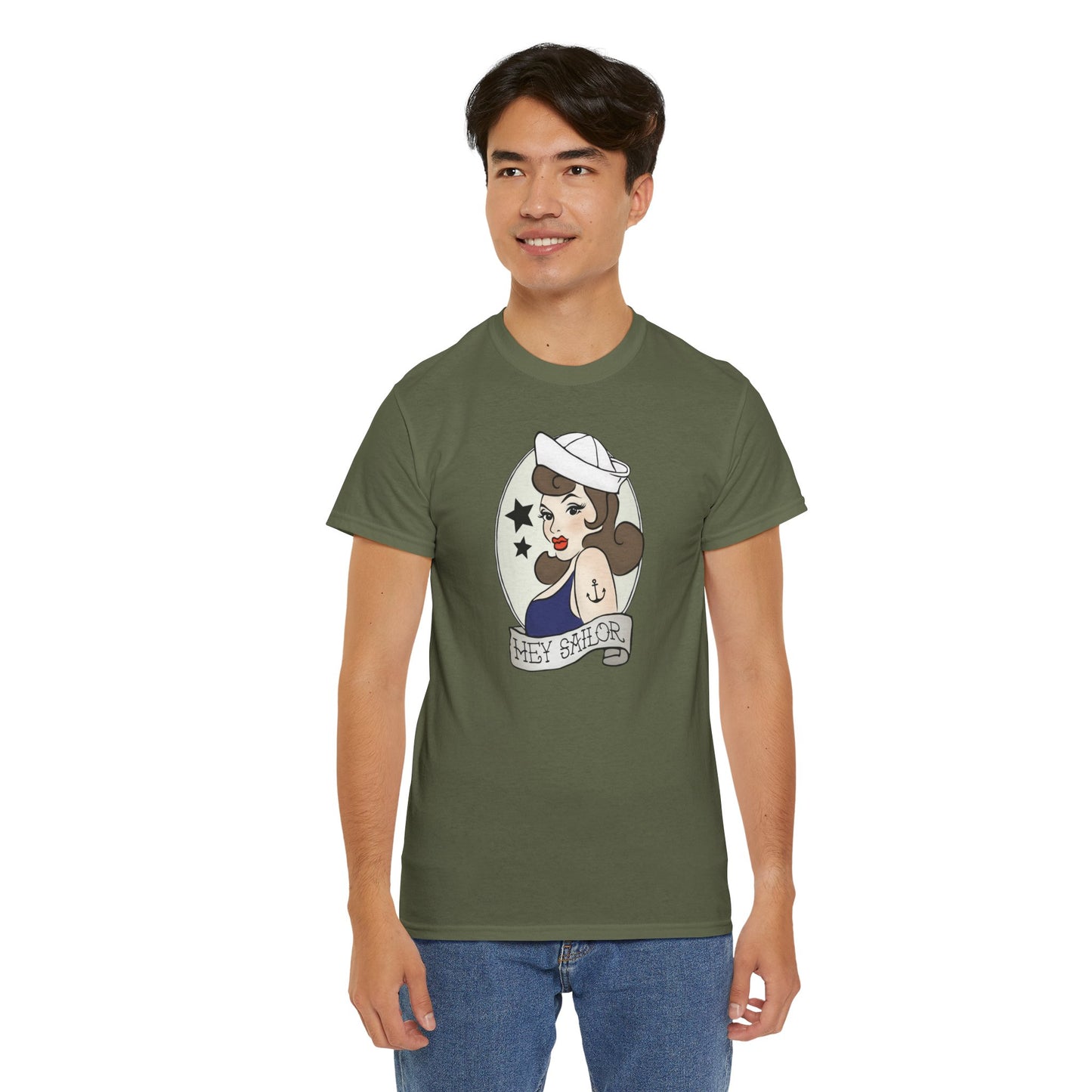 Hey Sailor Pinup Nautical Tattoo T-shirt Unisex Heavy Cotton Tee Mens Womens