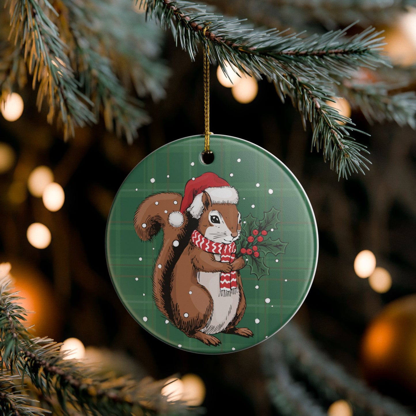 Santa Squirrel Christmas Tree Ornament, Xmas Squirrels Holiday Decorations, Green Plaid Ceramic Ornaments, Woodland Animals Theme Decor