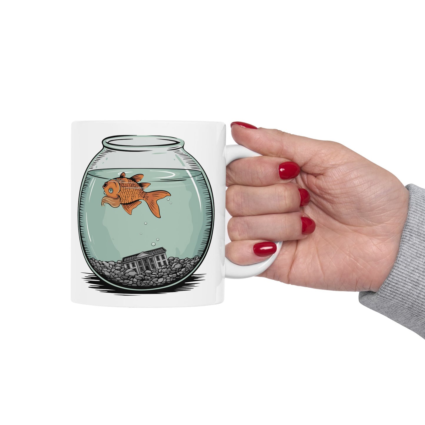 Dead Goldfish In A Fishbowl Coffee Mug - Funny Political Ceramic Mugs, Leftist Liberal Humor, Orange Fish Floating, Gifts Drinkware