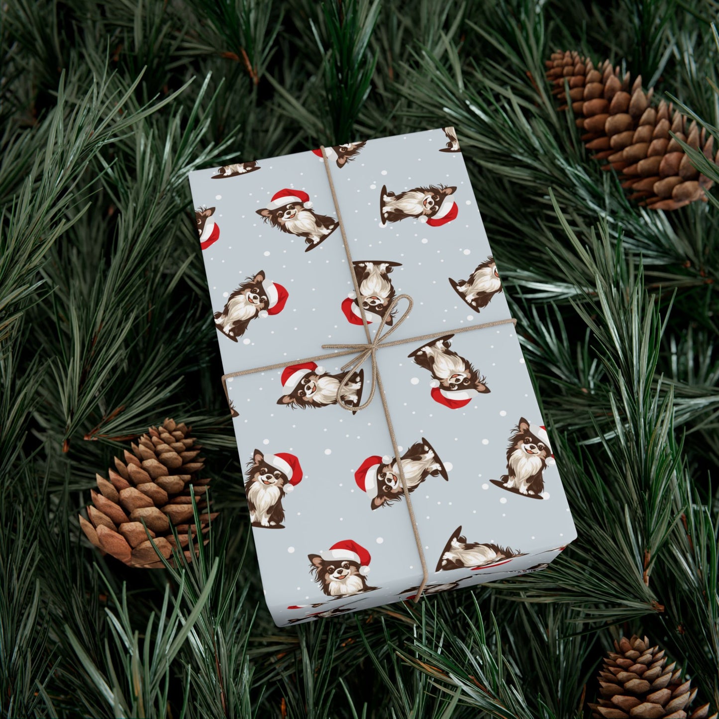 Long Haired Chihuahua Dog Christmas Wrapping Paper, Dogs Print, Cheery Holiday Gift Wrap With Snowy Xmas Puppy In Santa Hat