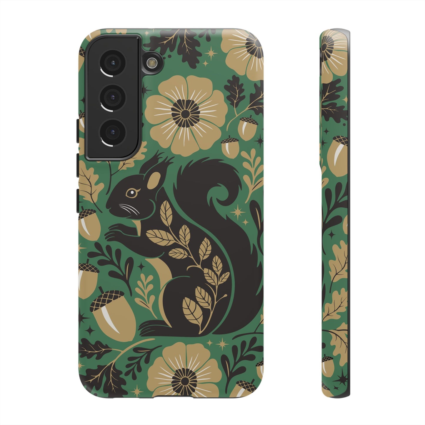Green Squirrel Floral Pattern Cell Phone Case | Botanical Folk Art Acorn Leaves Design, Iphone Google Pixel Samsung Cases Matte Finish