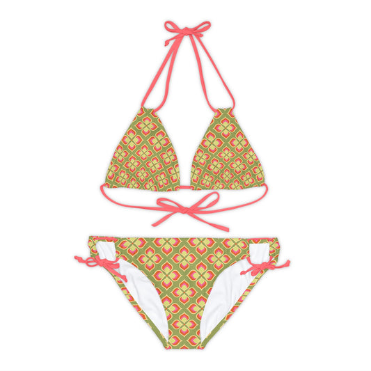 Vintage Vibes Retro Pattern Strappy Bikini Set - Green, Yellow, & Pink 2 Piece Women's Swimsuit in 70's Inspired Print