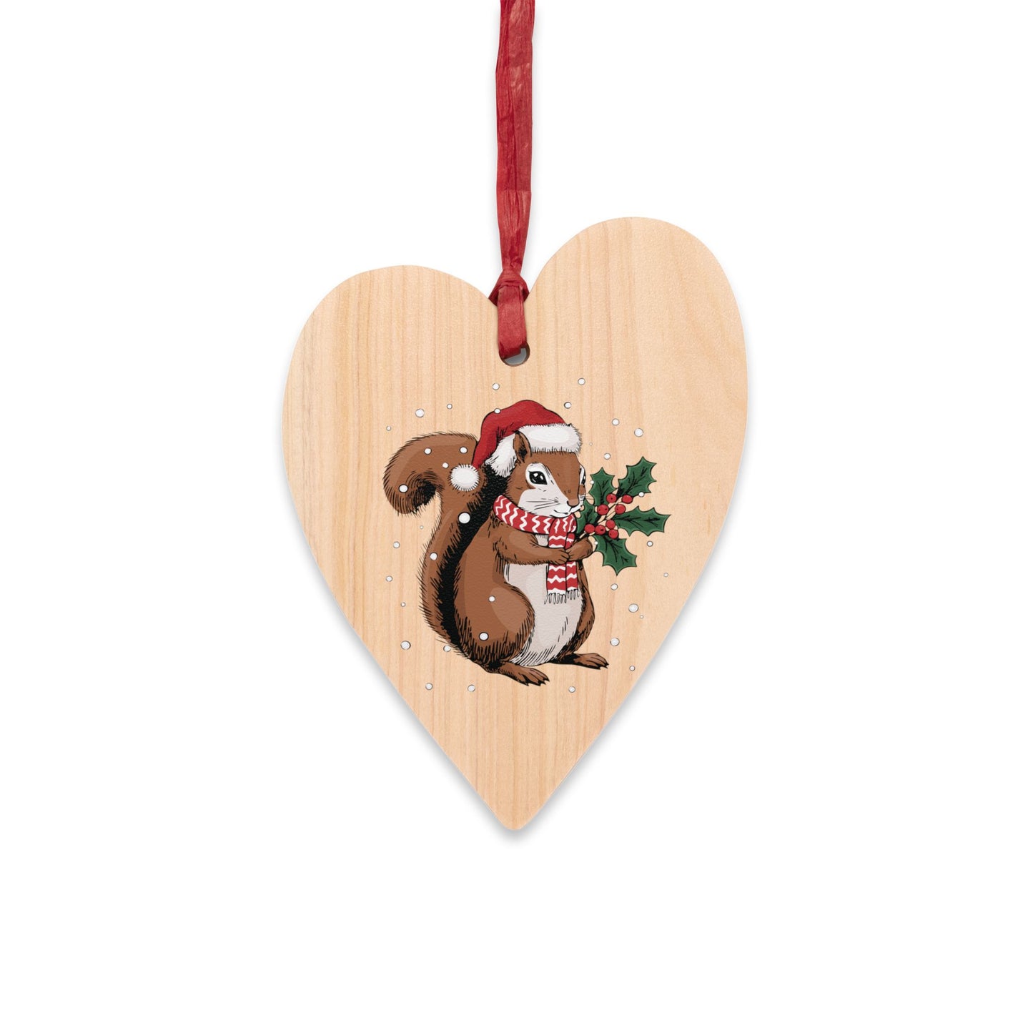 Holiday Squirrel Wooden Christmas Tree Ornaments, Festive Holiday Xmas Squirrels In Santa Hat Oval Or Heart Shape Ornament Seasonal Decor
