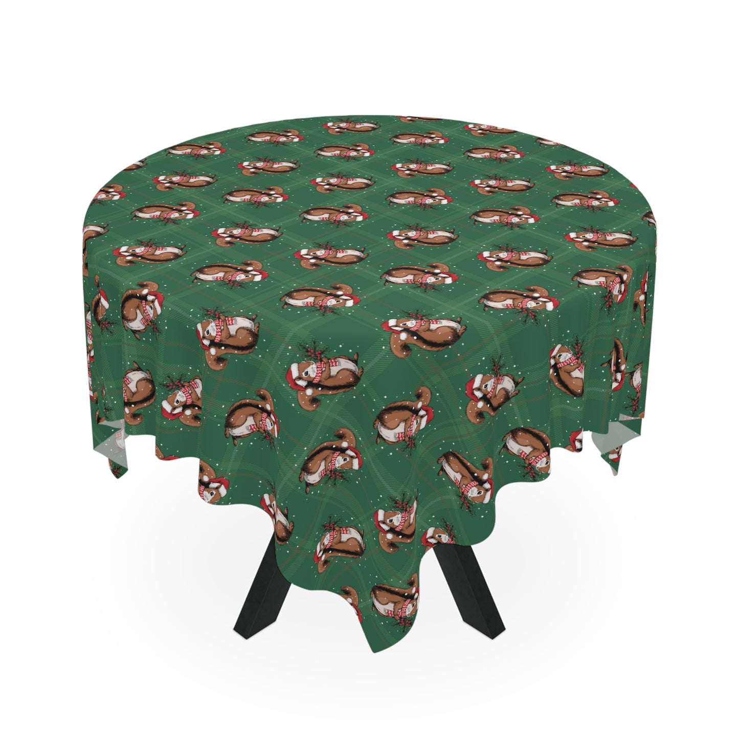Christmas Squirrels Tablecloth, Green Plaid Holiday Santa Squirrel Table Cloth, Festive Home Decor, Winter Party Dining Tablecloths