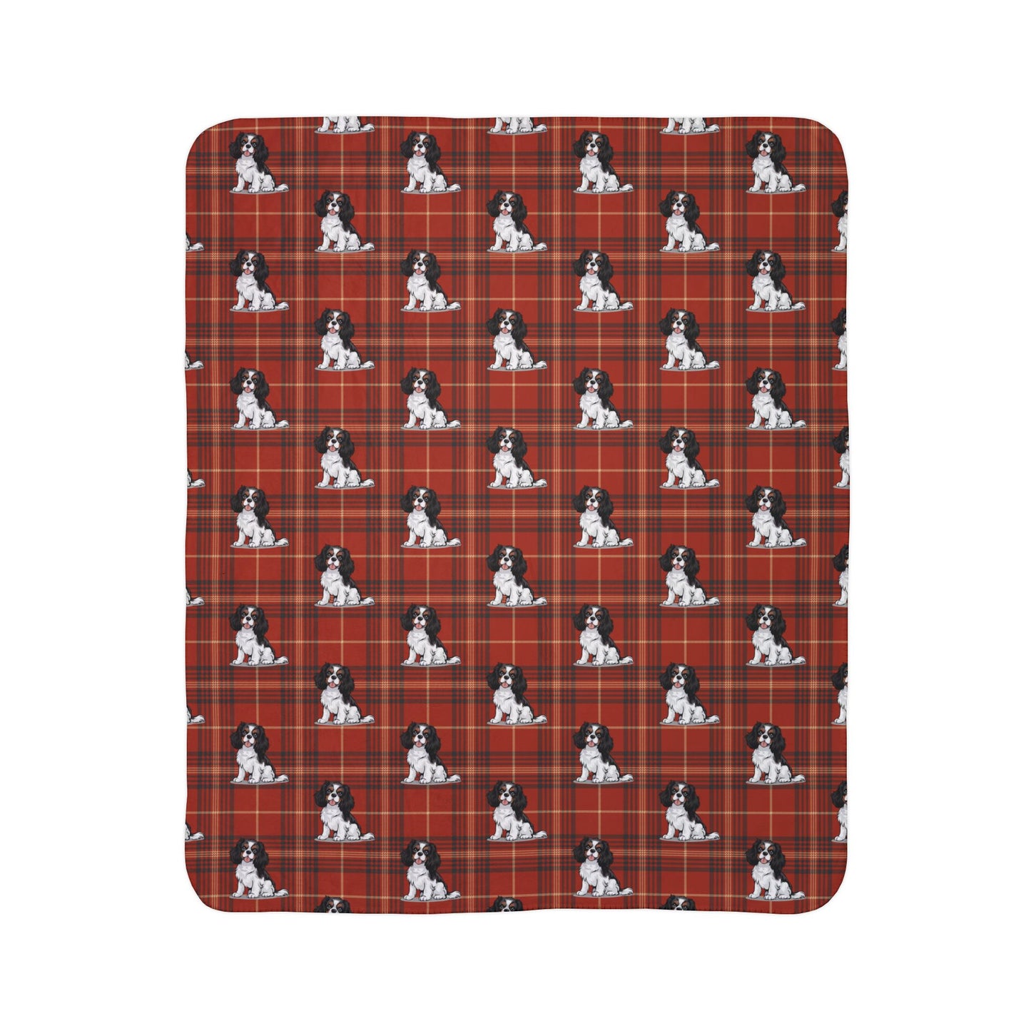 Tricolor Cavalier King Charles Spaniel Red Plaid Fleece Sherpa Blanket, Dogs Pattern Throw Blankets Bedding