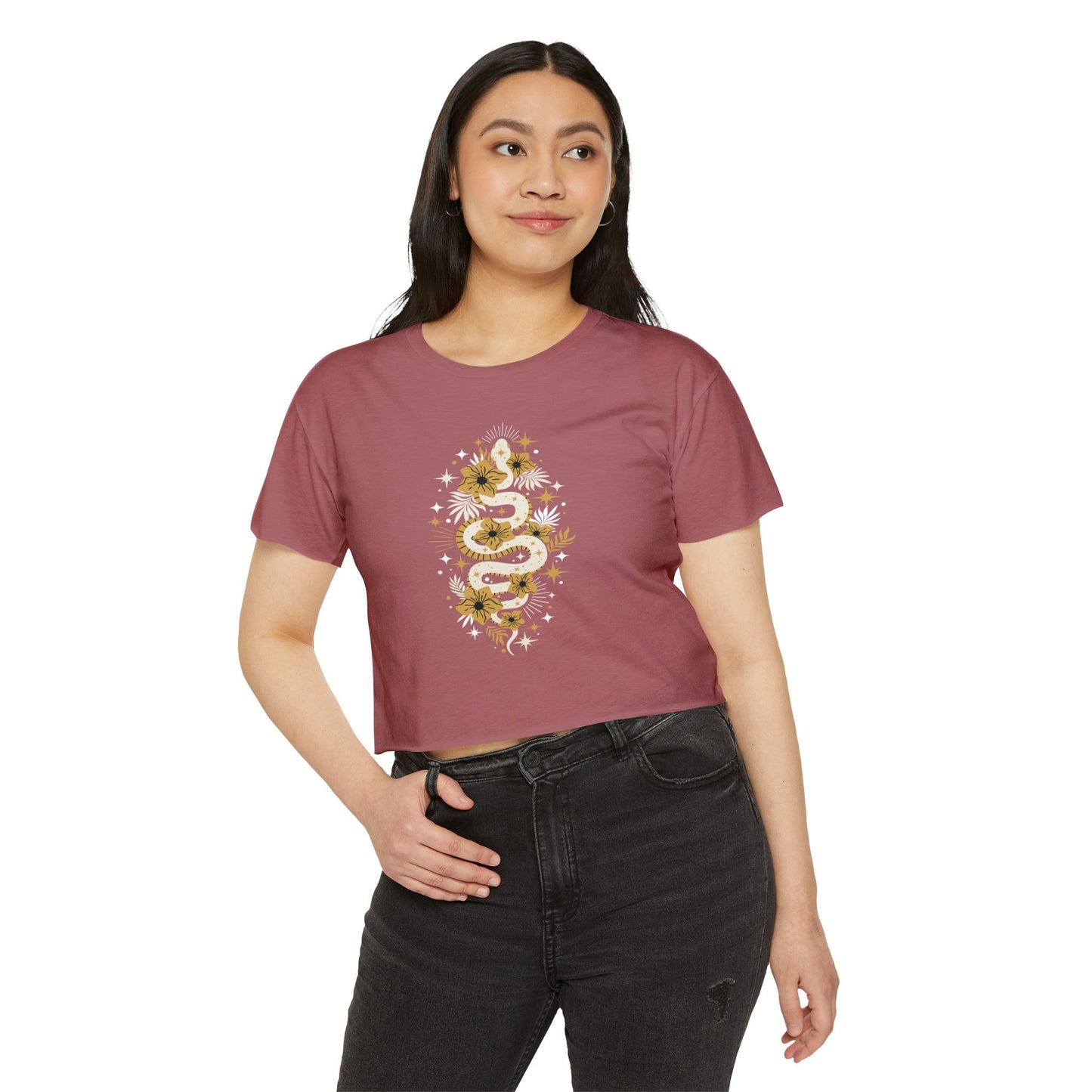 Mystic Golden Snake Women's Boho Crop Top, Festival T-shirt, Bohemian Serpent Shirt, Hippie Tee, Occult Cropped Shirt, Festival Clothing