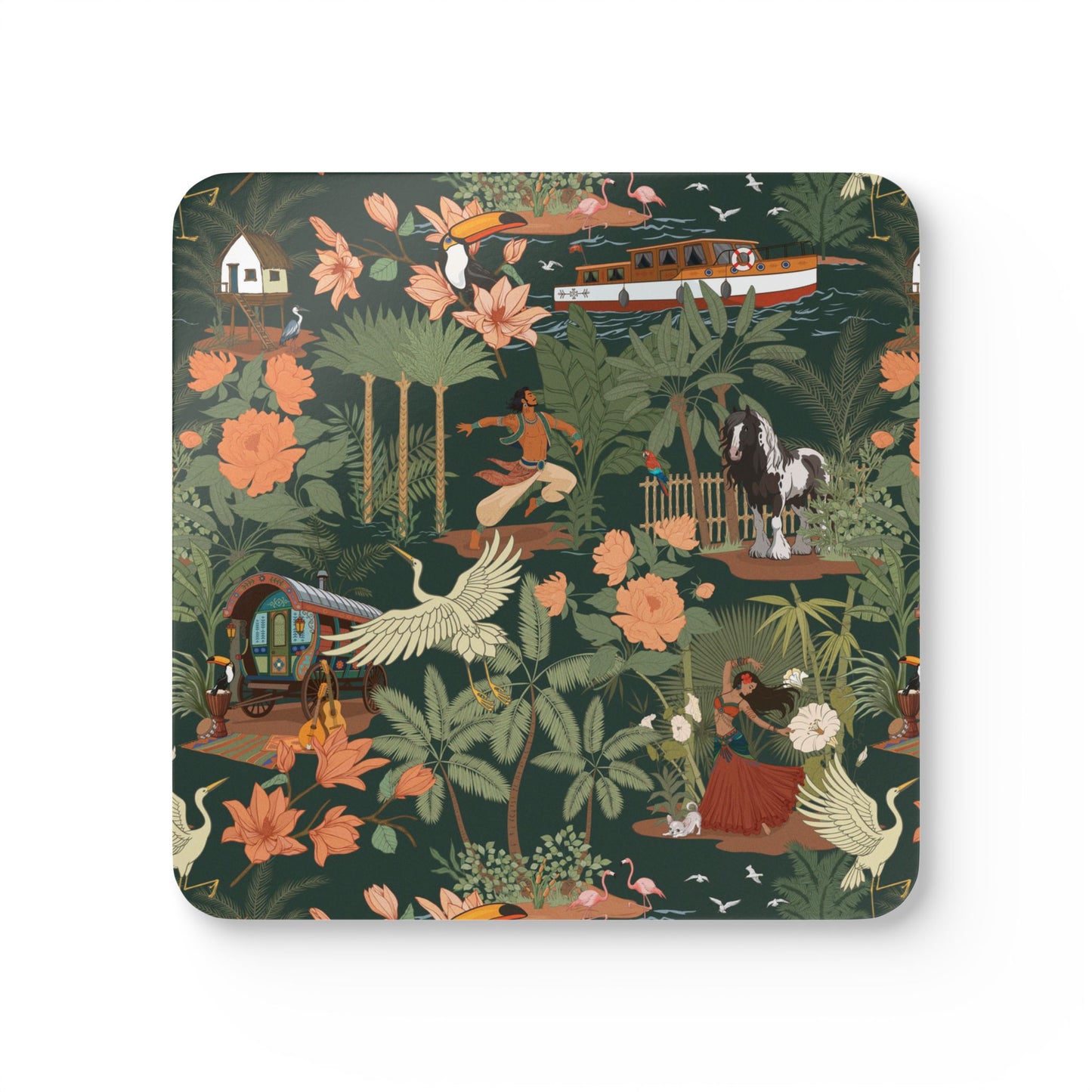 Tropical Nomad Jungle Pattern Cork Coaster Set | 4 Piece Palm Leaves, Birds, Floral Coasters, Island Drinkware