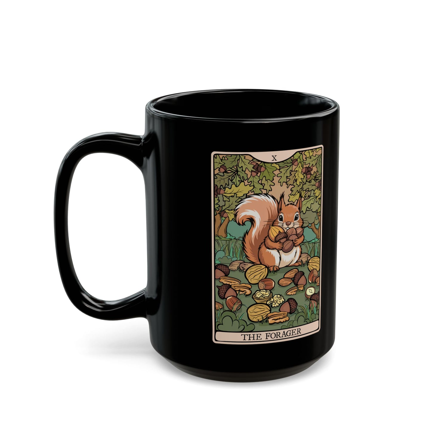 Forager Squirrel Tarot Card Coffee Mug | Black Ceramic Coffee Cup Foraging Squirrels and Nuts Artwork 15 Ounce Mugs